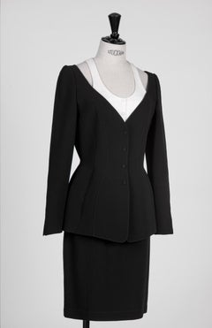 1980s/90s Thierry Mugler Black Structured Jacket & Skirt Suit with White Vest