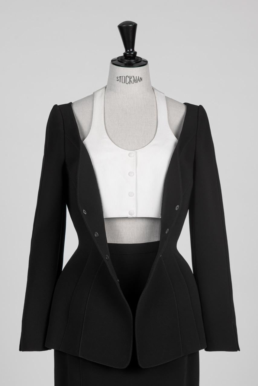 1980s/90s Thierry Mugler Black Structured Jacket & Skirt Suit with White Vest 1
