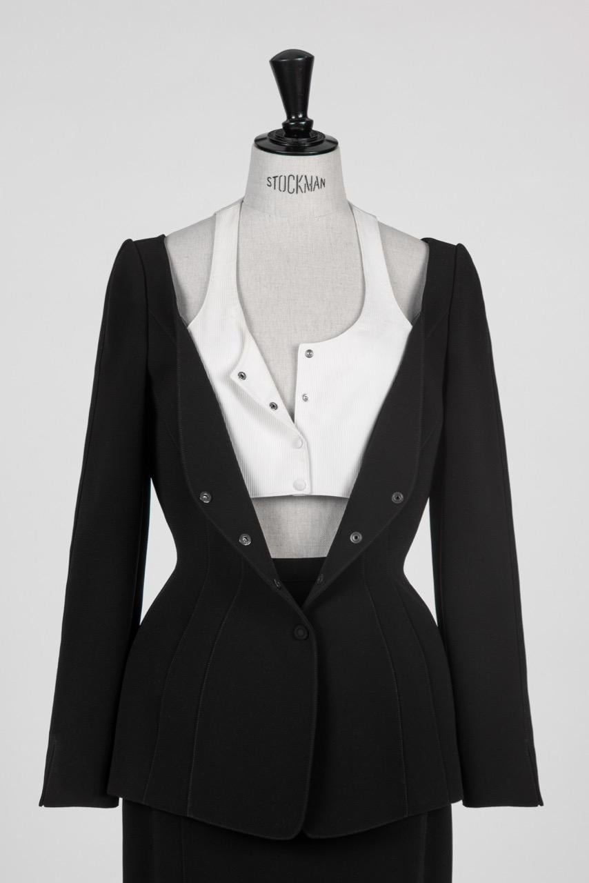 1980s/90s Thierry Mugler Black Structured Jacket & Skirt Suit with White Vest 2