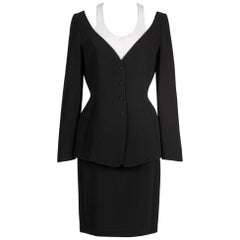 Vintage 1980s/90s Thierry Mugler Black Structured Jacket & Skirt Suit with White Vest