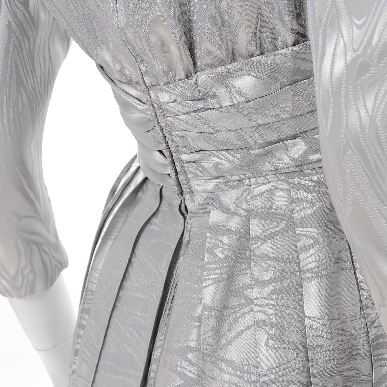 1980s A J Bari Vintage Silver Evening Dress w Puffed Gathered Sleeves & Pockets For Sale 6