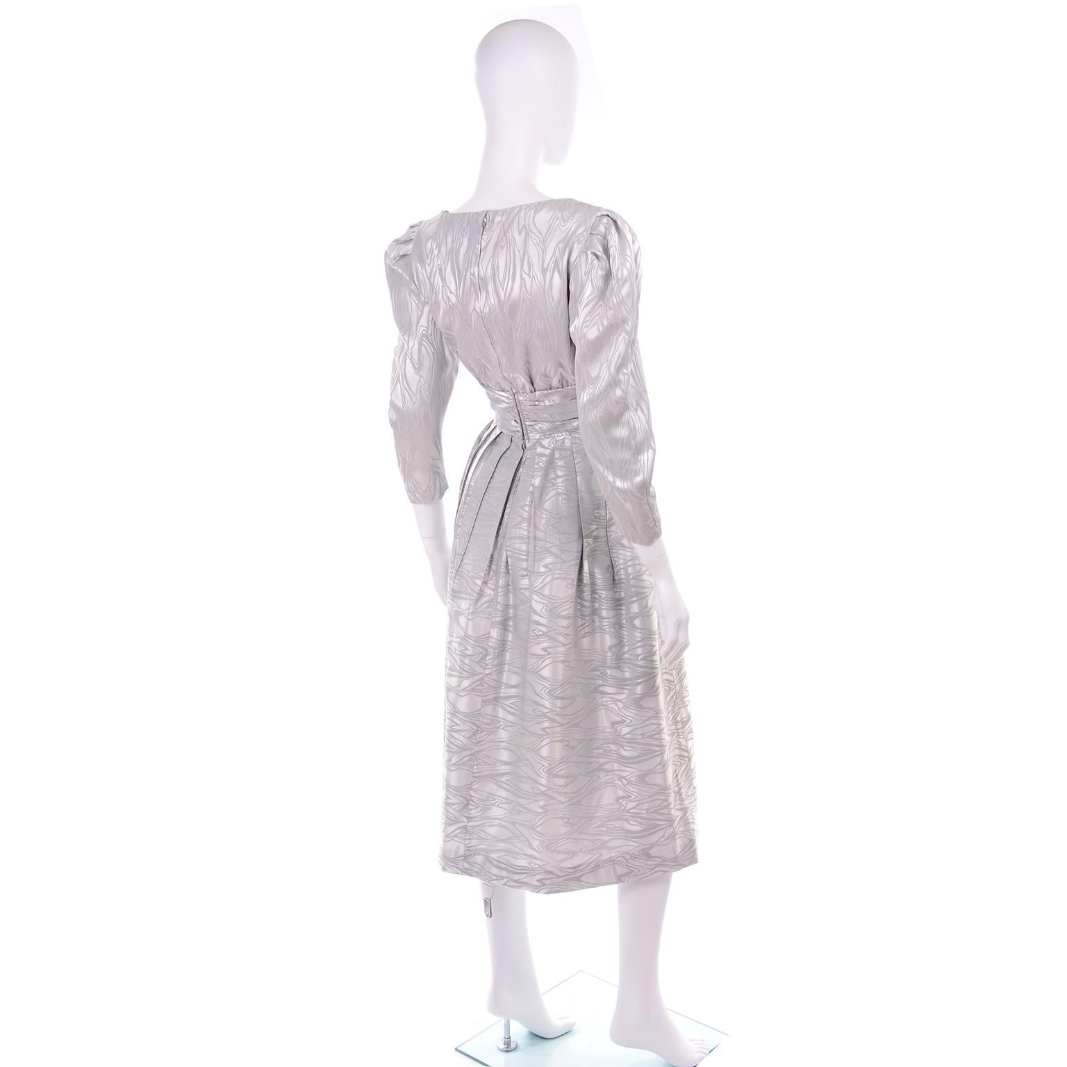 Women's 1980s A J Bari Vintage Silver Evening Dress w Puffed Gathered Sleeves & Pockets For Sale