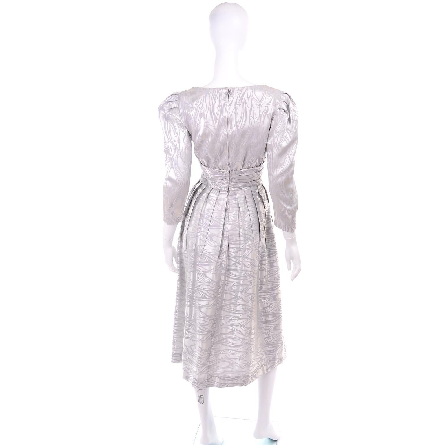 1980s A J Bari Vintage Silver Evening Dress w Puffed Gathered Sleeves & Pockets For Sale 1