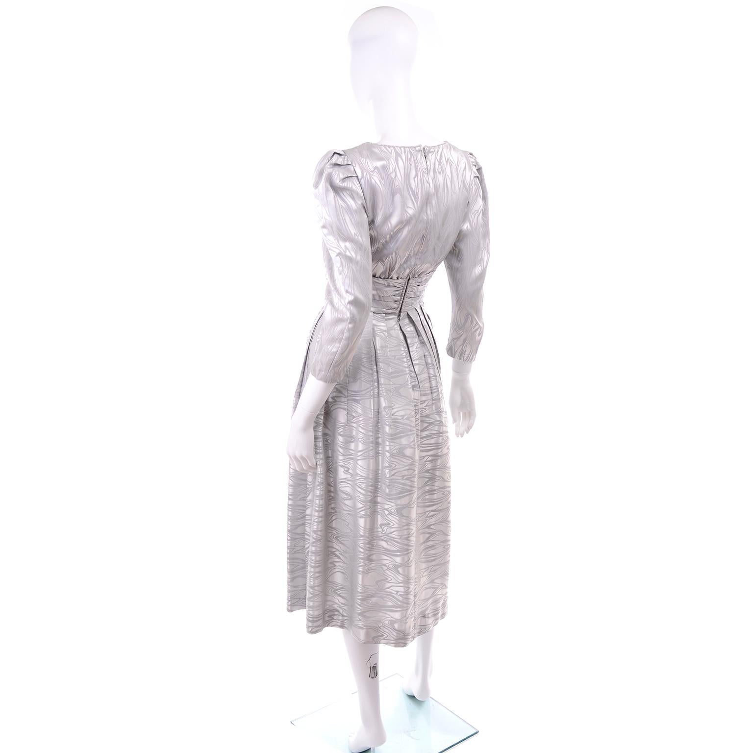 1980s A J Bari Vintage Silver Evening Dress w Puffed Gathered Sleeves & Pockets For Sale 2