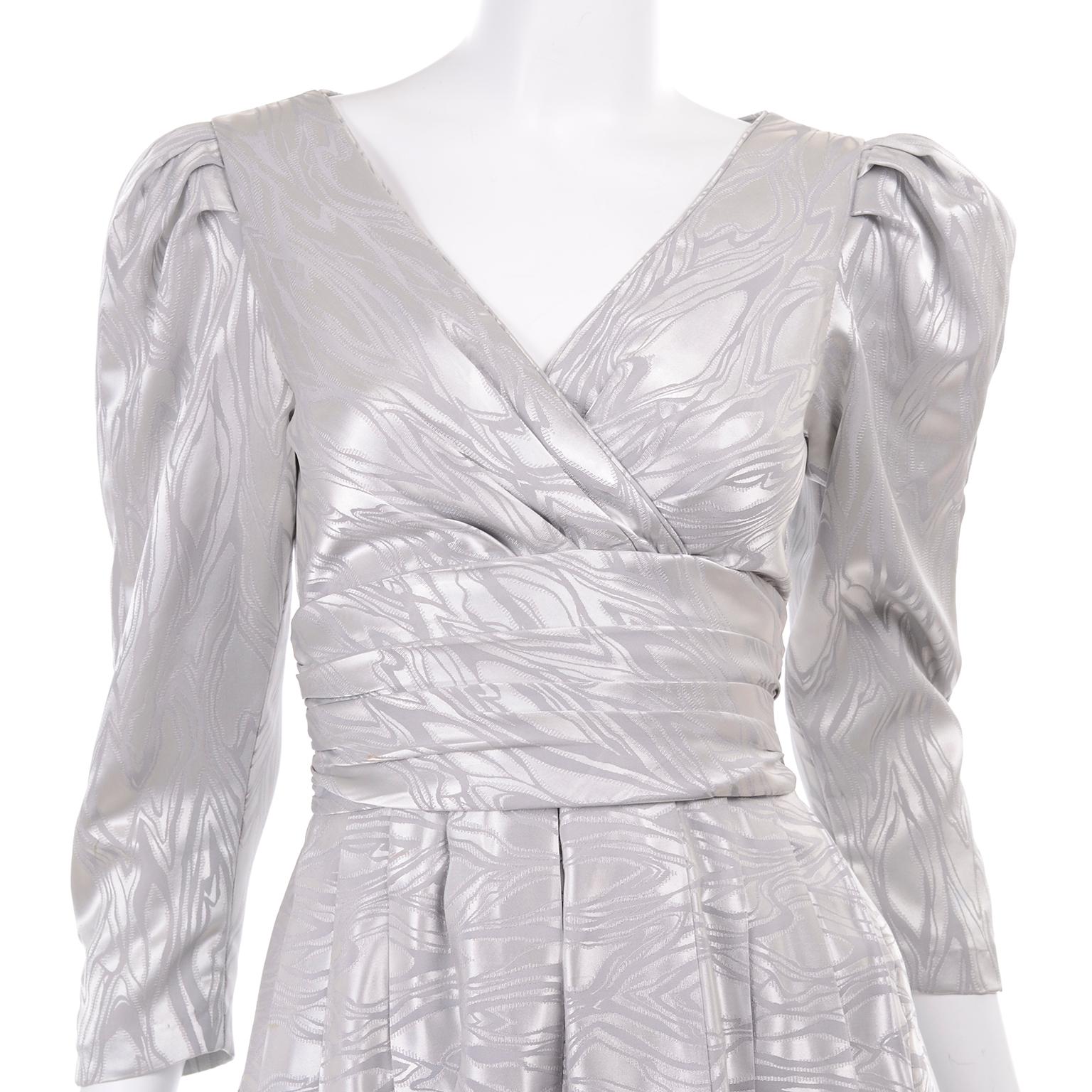 1980s A J Bari Vintage Silver Evening Dress w Puffed Gathered Sleeves ...