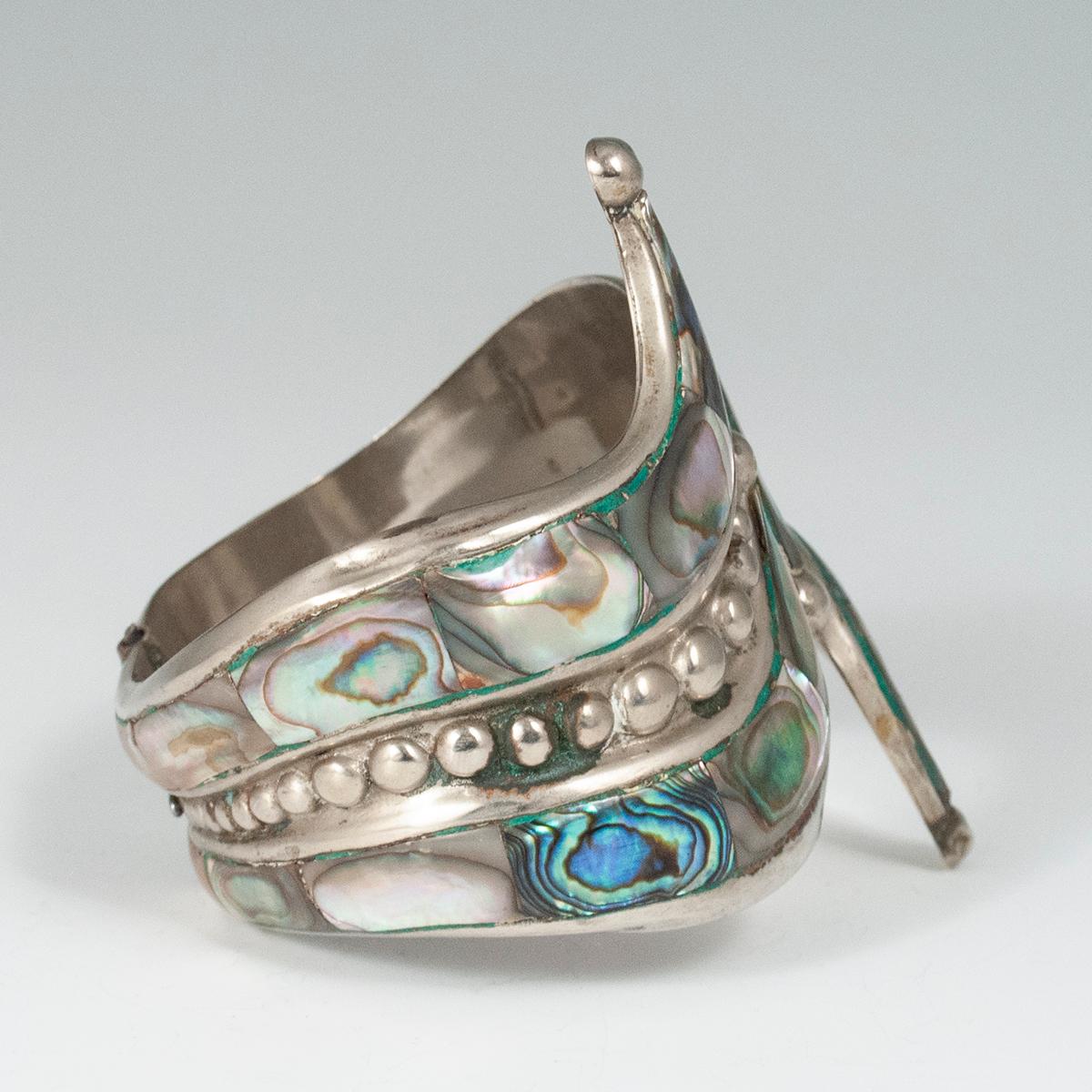 Bohemian 1980s Abalone and Silver Clamper Bracelet, Taxco, Mexico