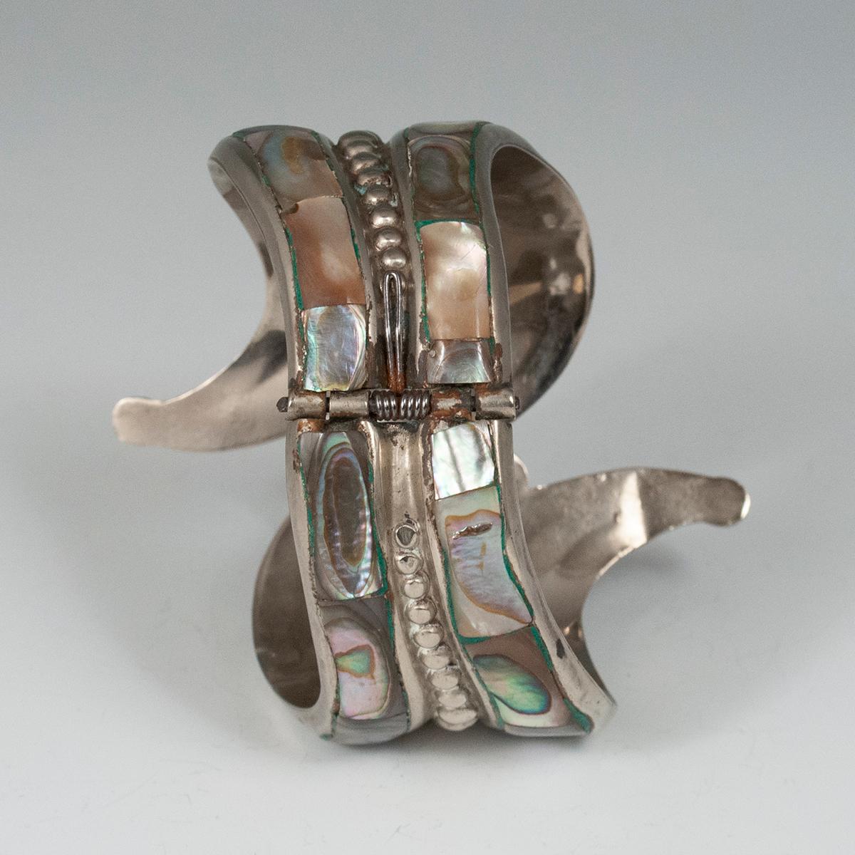 Mexican 1980s Abalone and Silver Clamper Bracelet, Taxco, Mexico