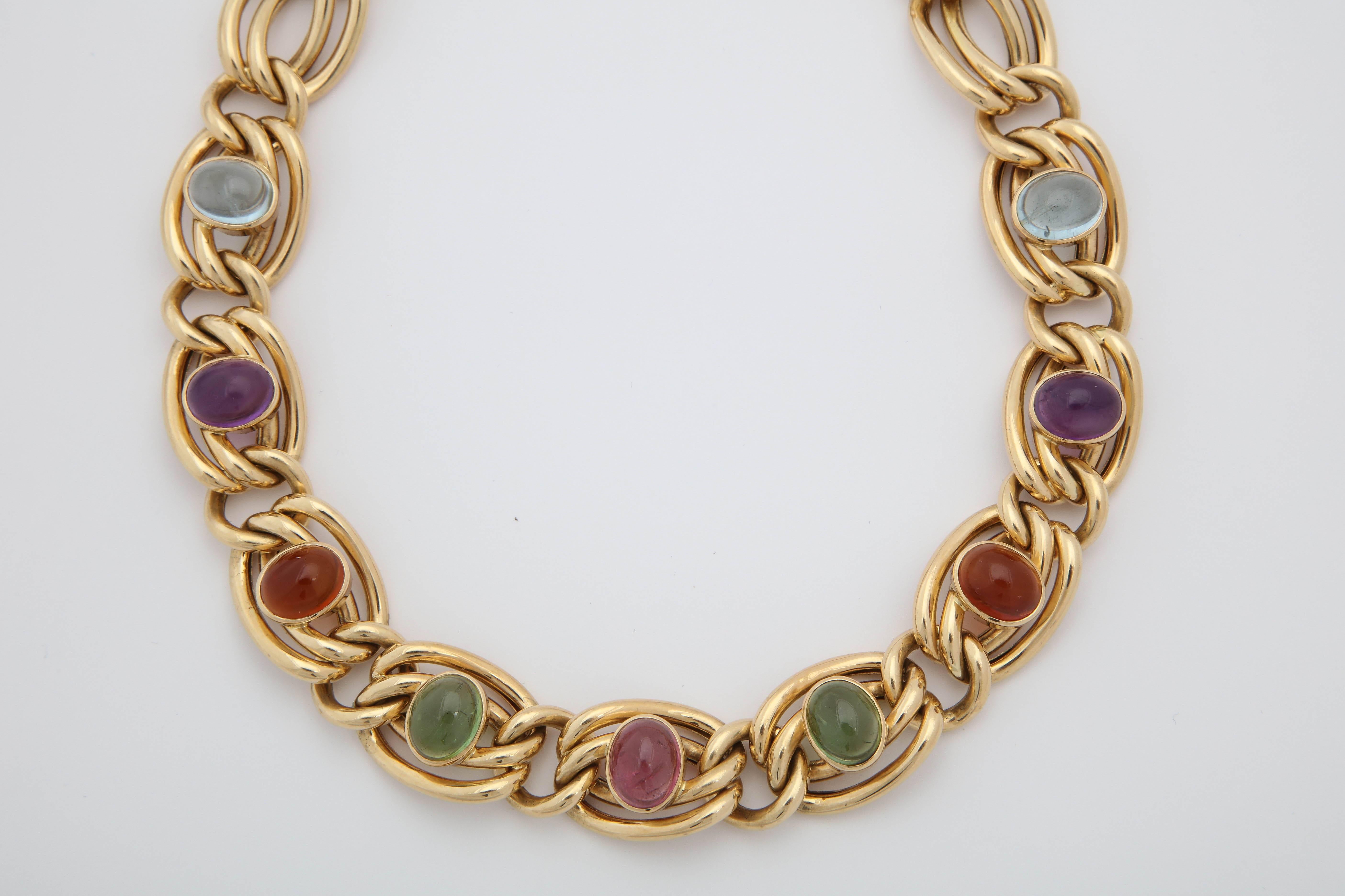 1980s Abel and Zimmerman Cabochon Multicolored Stone Double Link Gold Necklace In Good Condition In New York, NY