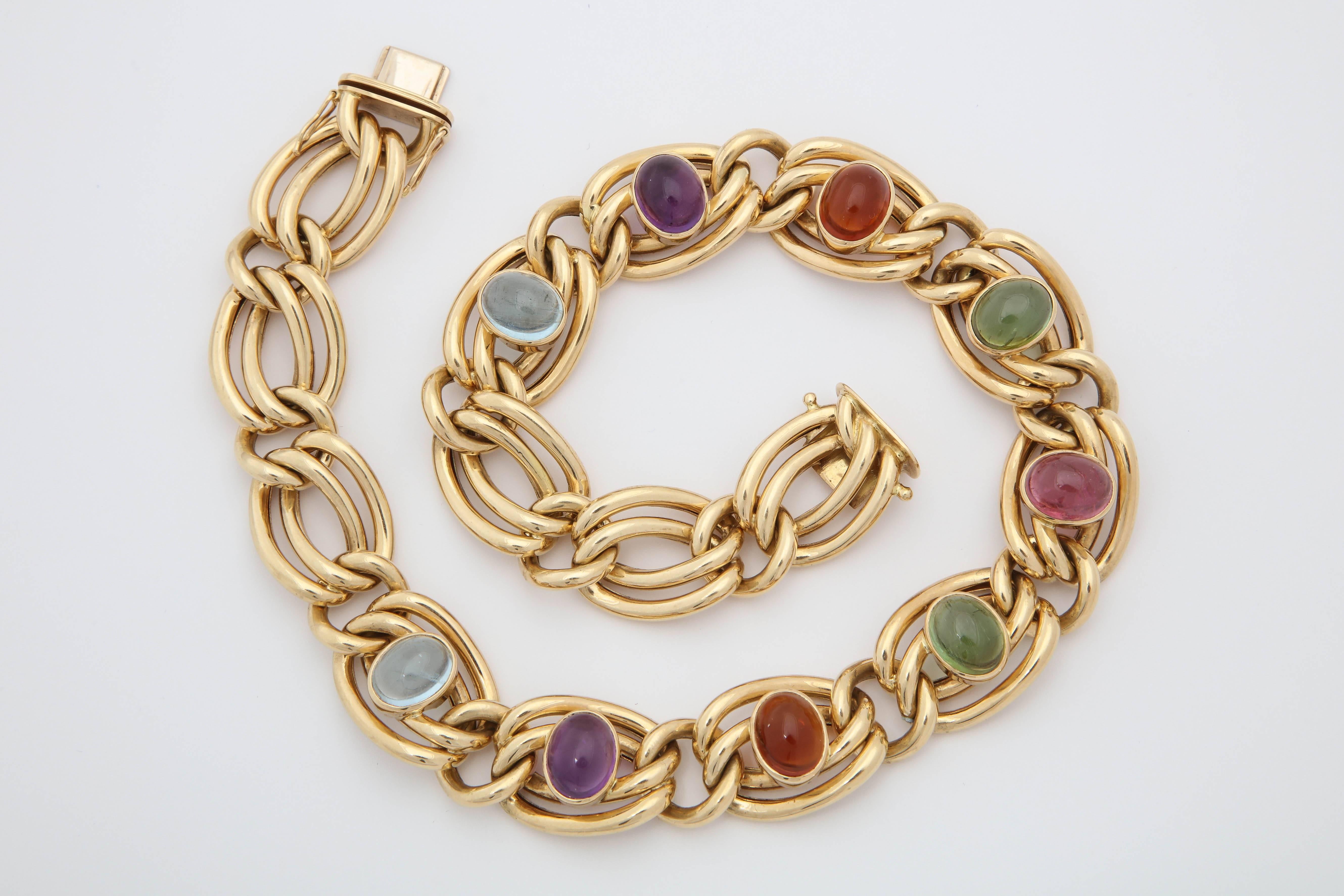 Women's 1980s Abel and Zimmerman Cabochon Multicolored Stone Double Link Gold Necklace