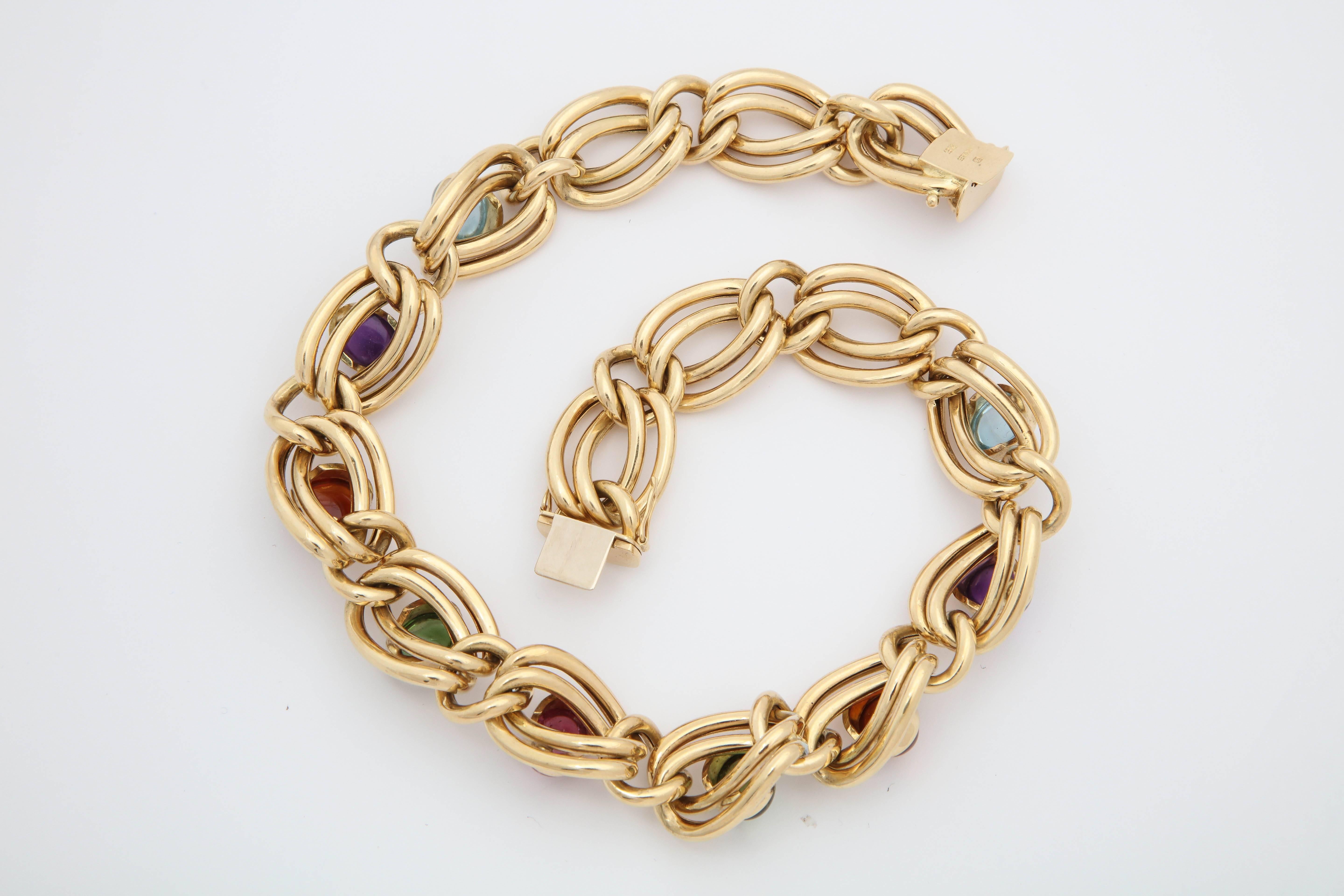 1980s Abel and Zimmerman Cabochon Multicolored Stone Double Link Gold Necklace 1