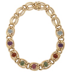 1980s Abel and Zimmerman Cabochon Multicolored Stone Double Link Gold Necklace