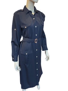 1980s Abercrombie and Fitch Navy Blue Gabardine Dress with Belt