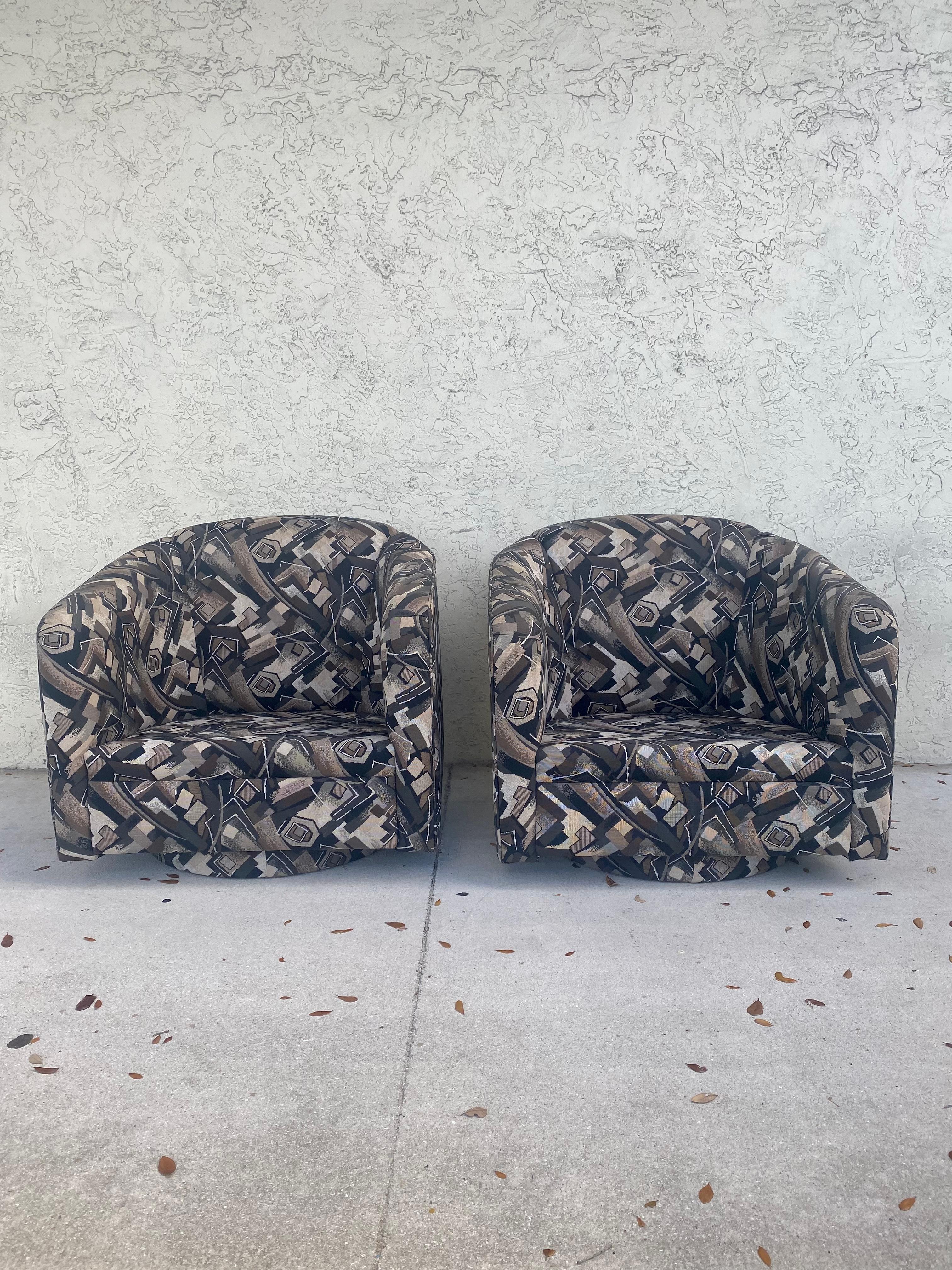 Textile 1980s Abstract Barrel Swivel Chairs Attributed to Milo Baughman - Set of 2 For Sale