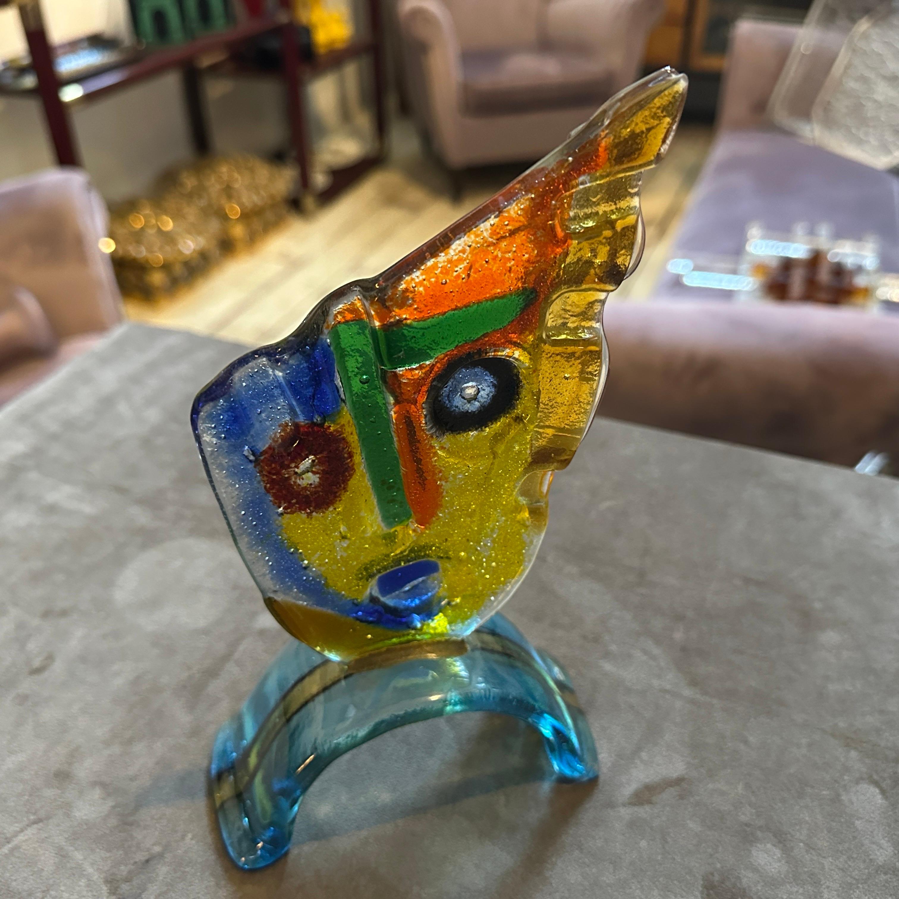Hand-Crafted 1980s Abstract Cubist Polychrome Murano Glass Sculpture of a Face For Sale