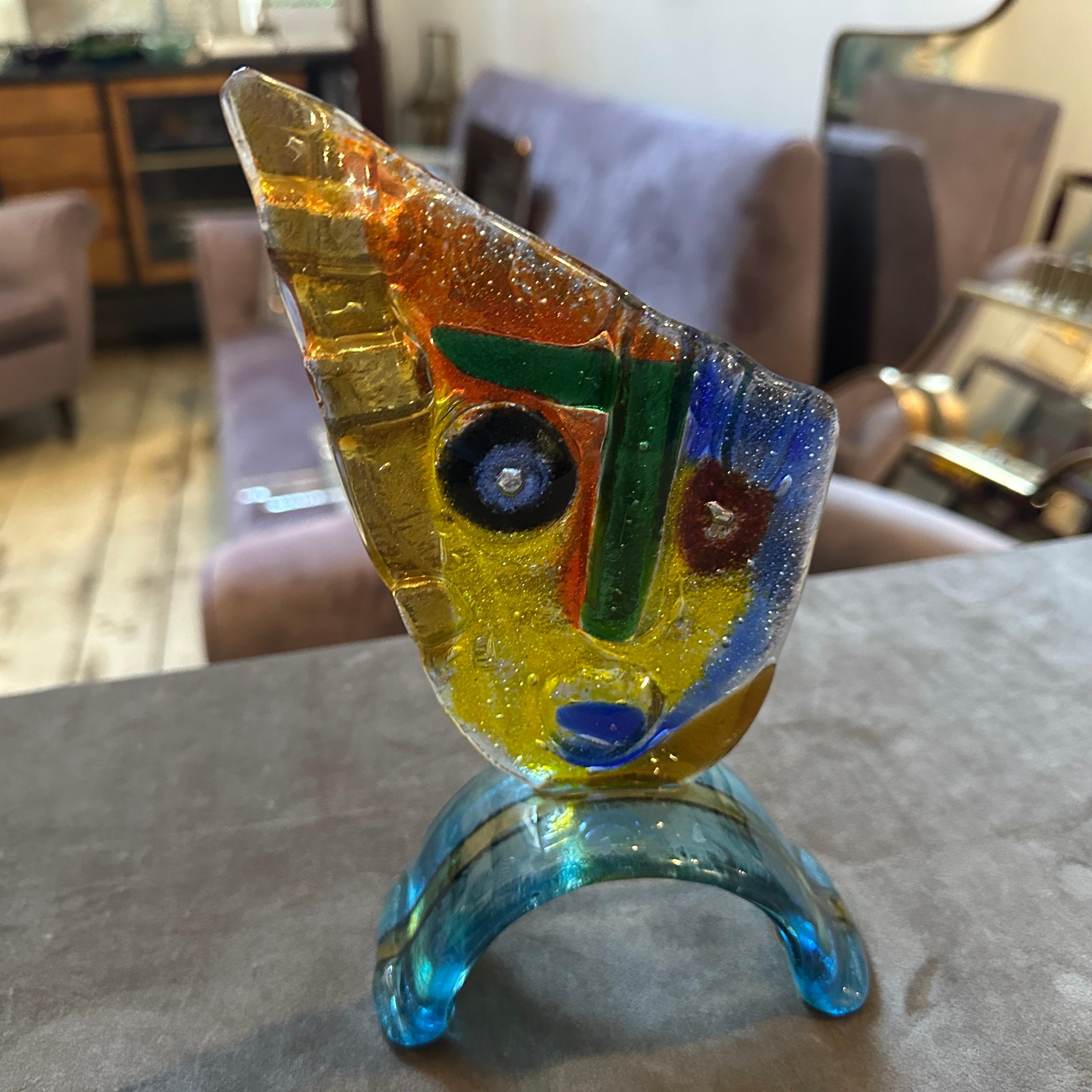 20th Century 1980s Abstract Cubist Polychrome Murano Glass Sculpture of a Face For Sale