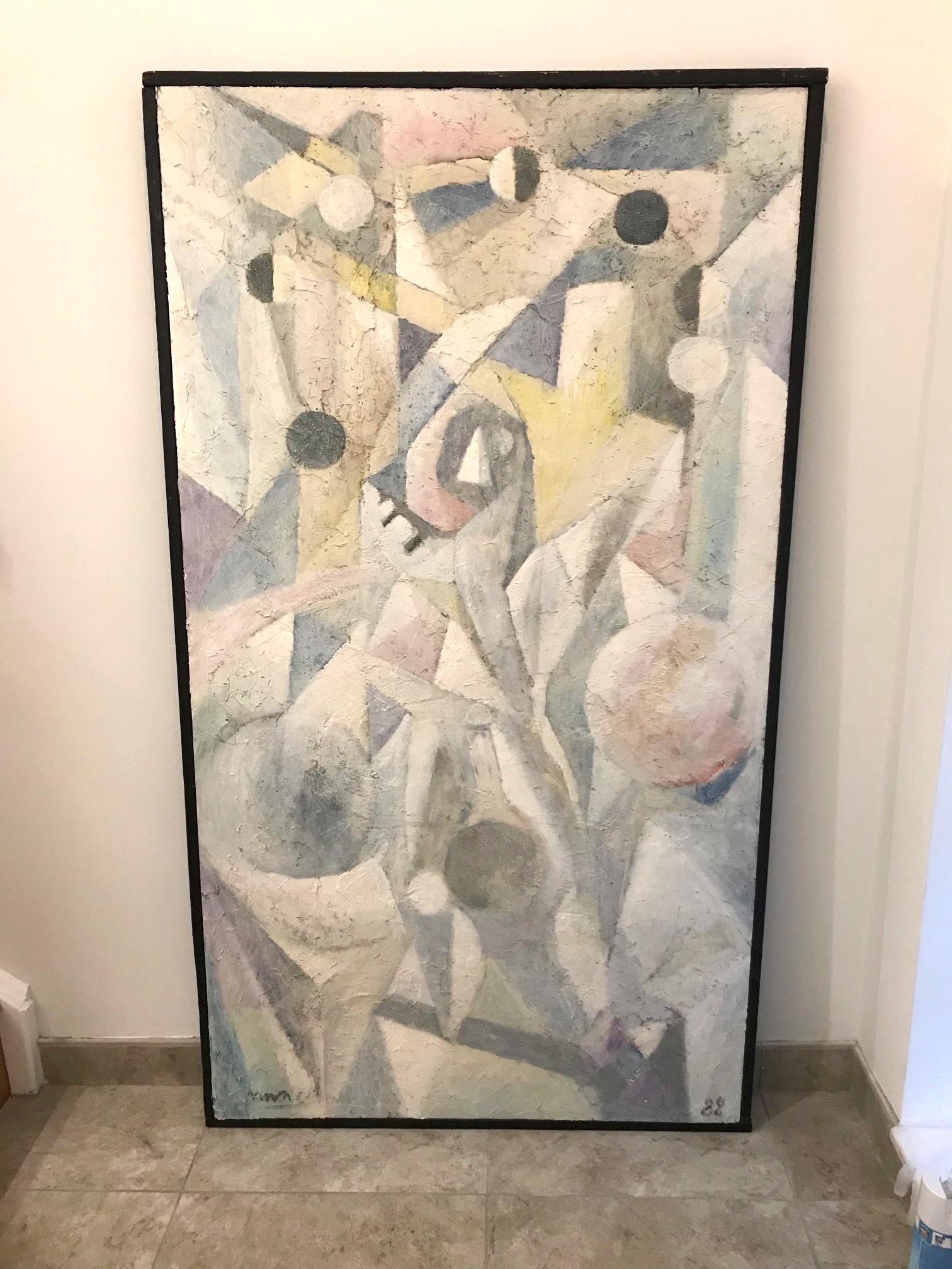 Cubo-Futurism Abstract Painting in Pastel Colors, Fresco on Board, c. 1988 For Sale 1