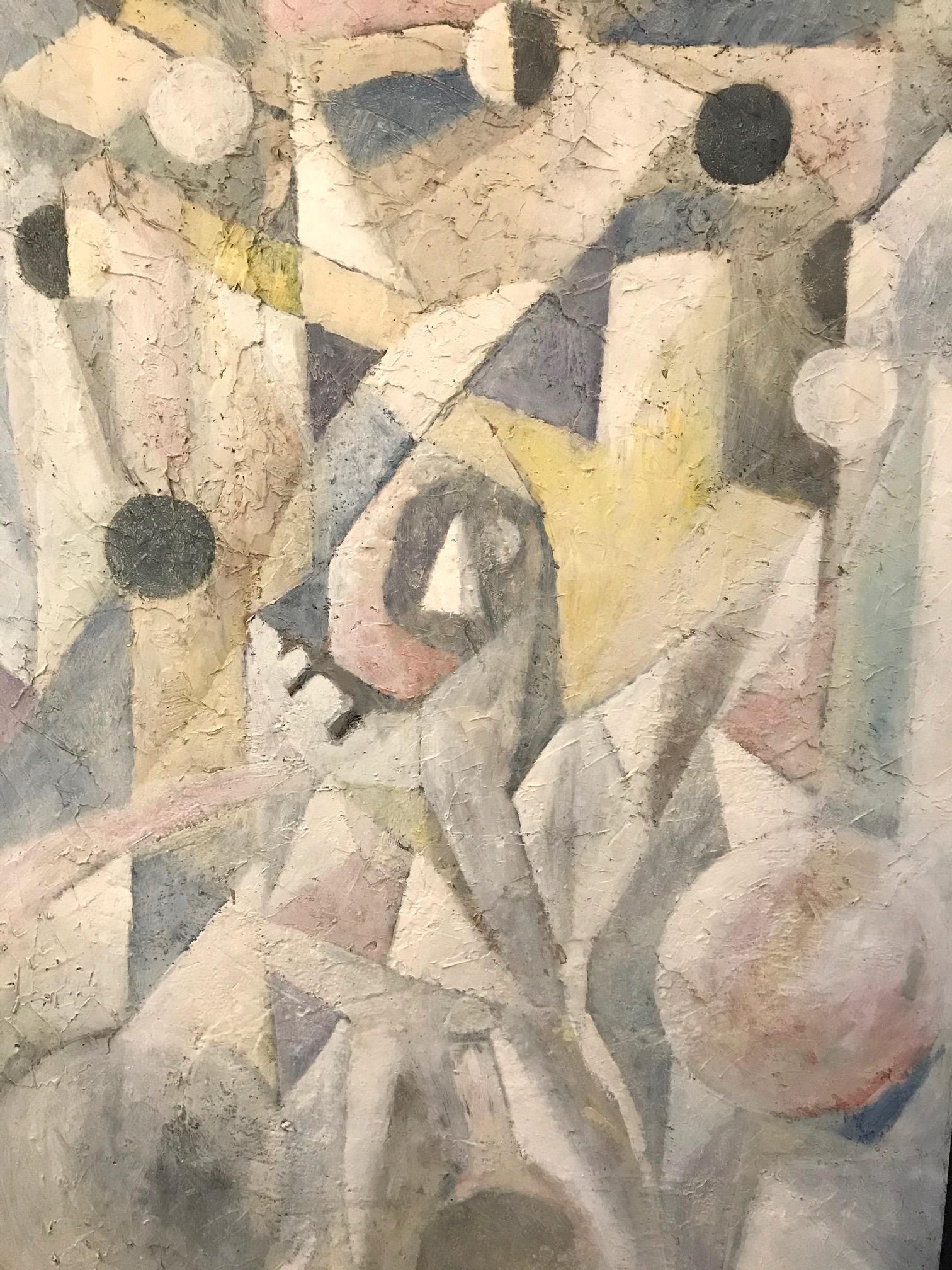 Contreplaqué Peinture abstraite cubique aux couleurs pastel, Fresco sur panneau, vers 1988 en vente