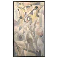 Retro Cubo-Futurism Abstract Painting in Pastel Colors, Fresco on Board, c. 1988