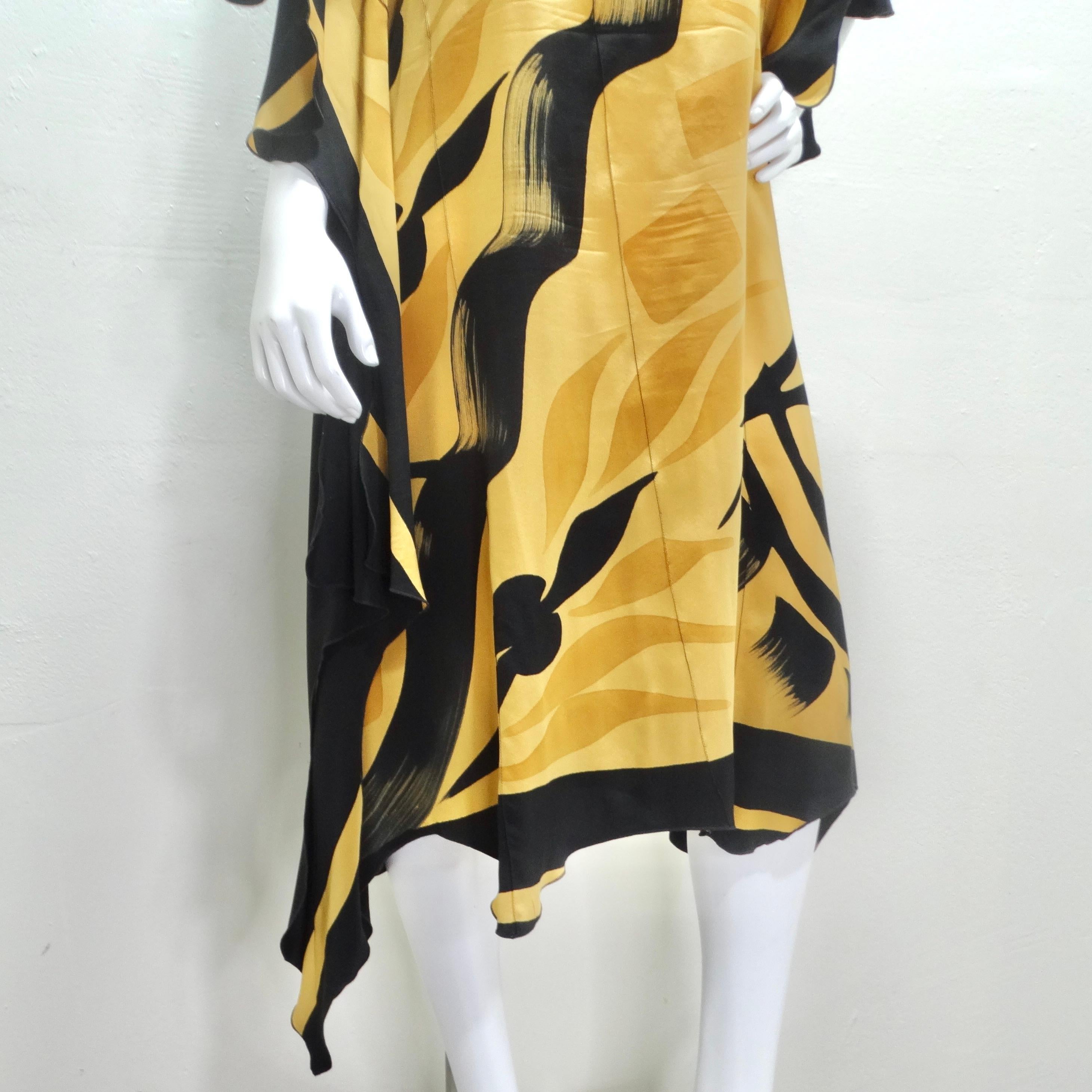 Capture the essence of the 1980s with our stunning Abstract Print Silk Kaftan Dress. This gorgeous piece features a whimsical beige and black abstract print, embodying the bold and eclectic fashion trends of that era. Embrace comfort and style with