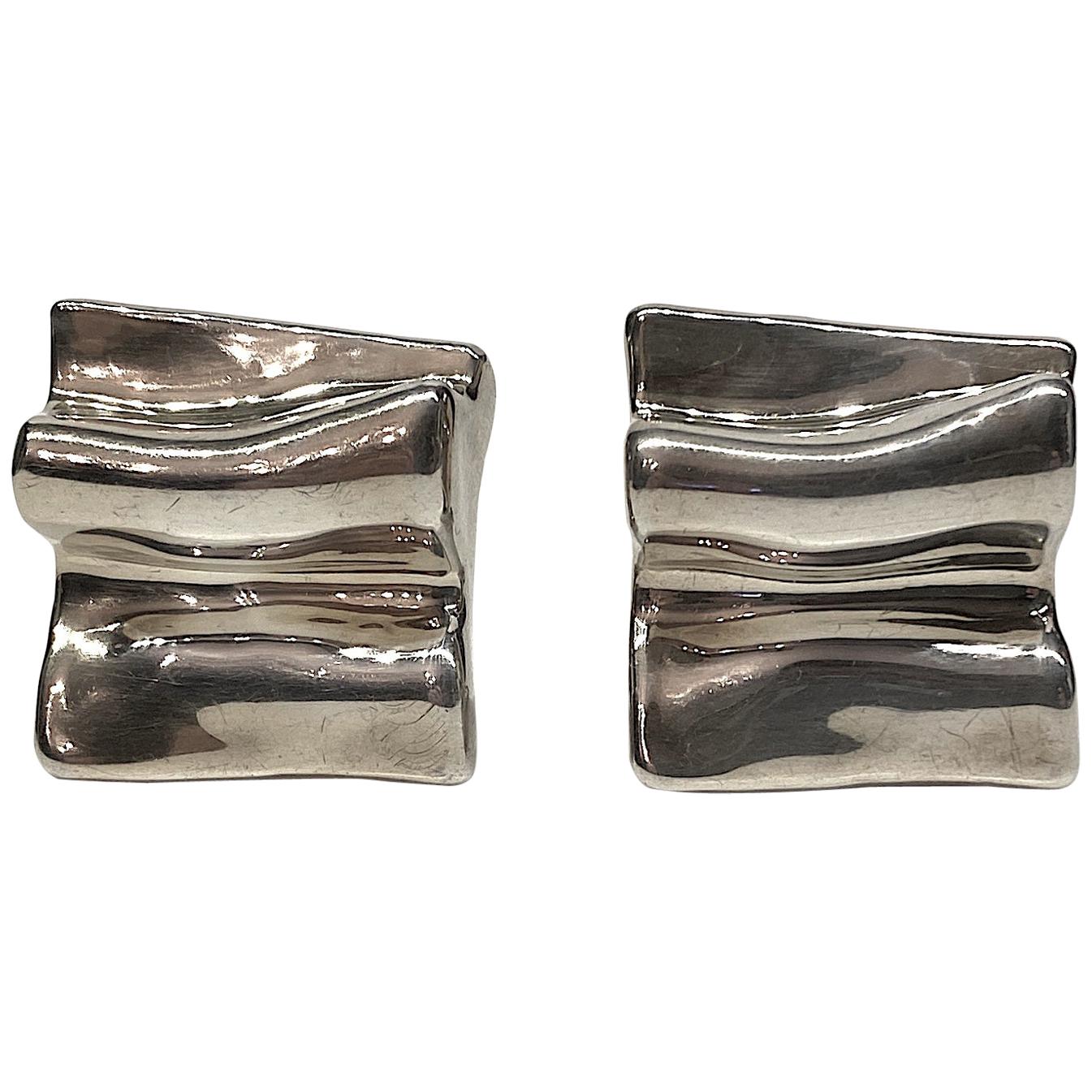 1980s Abstract Sculptural Sterling Silver Modernist Earrings