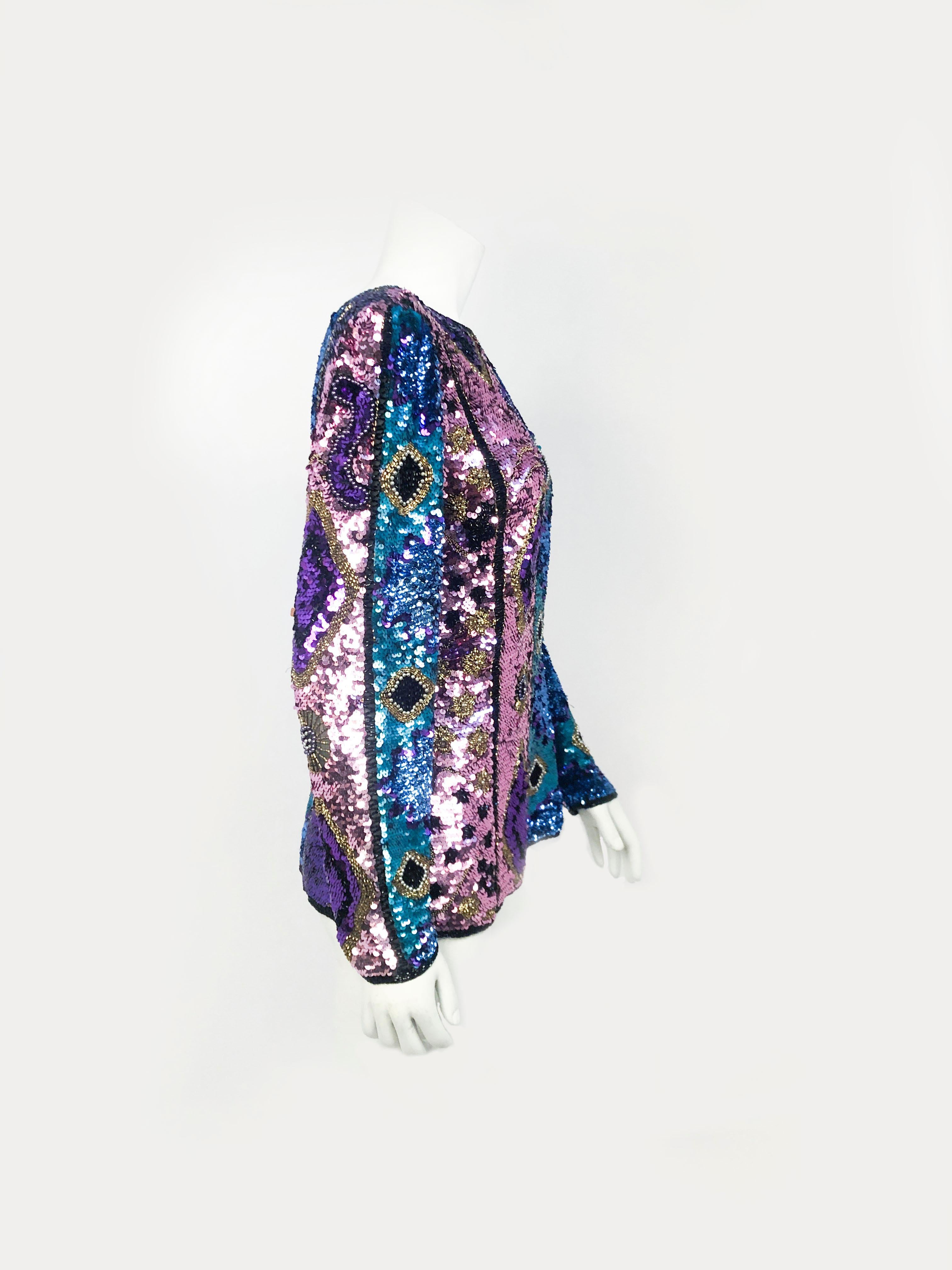 Purple 1980s Abstract Sequin and Beaded Top For Sale