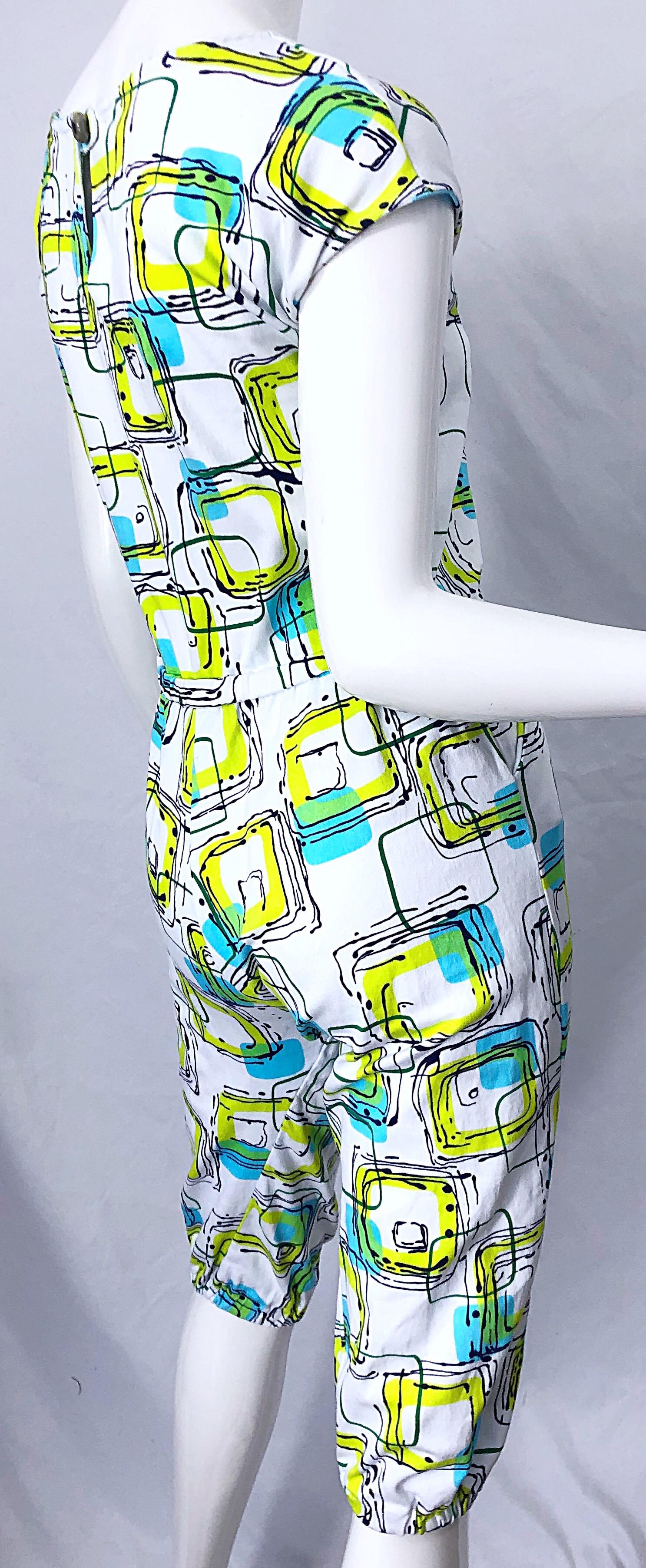 1980s Abstract Square Print Neon Blue + Green Cotton Vintage 80s Romper Jumpsuit For Sale 3