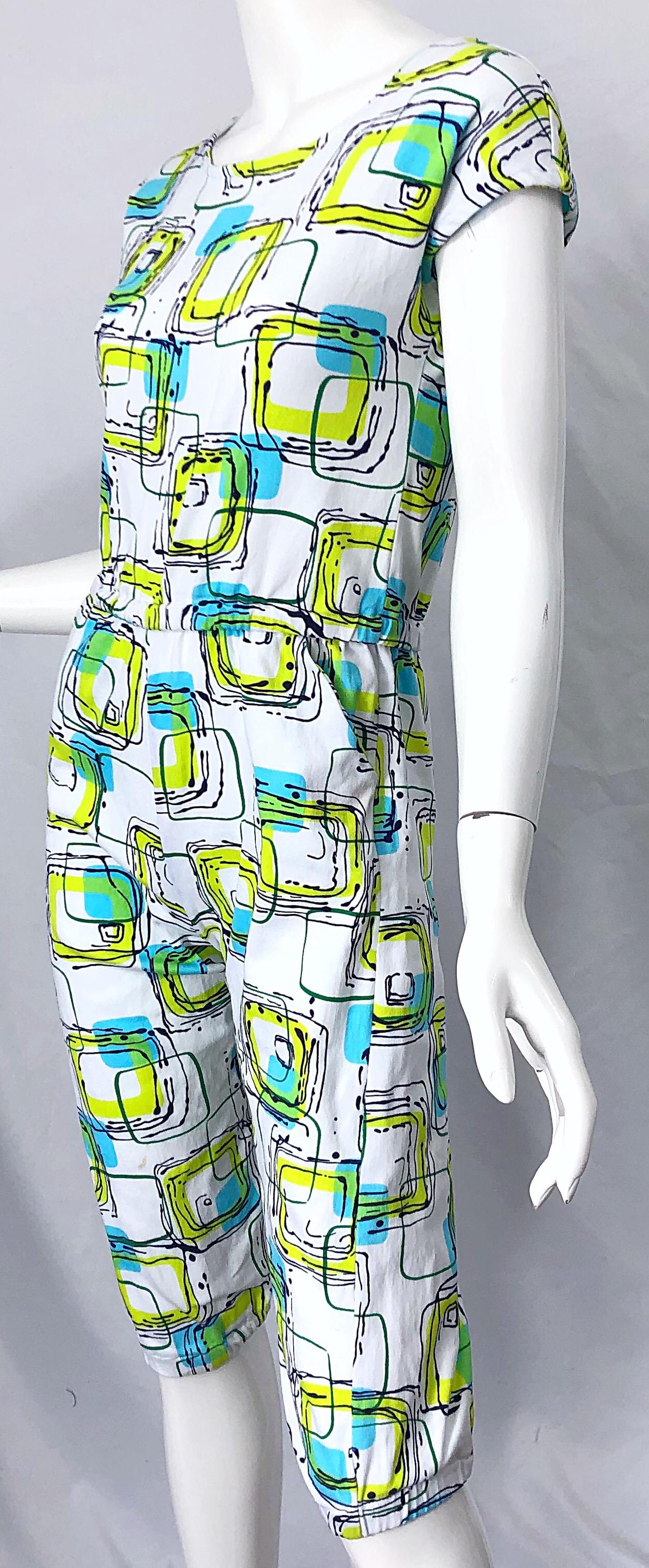 1980s Abstract Square Print Neon Blue + Green Cotton Vintage 80s Romper Jumpsuit For Sale 4
