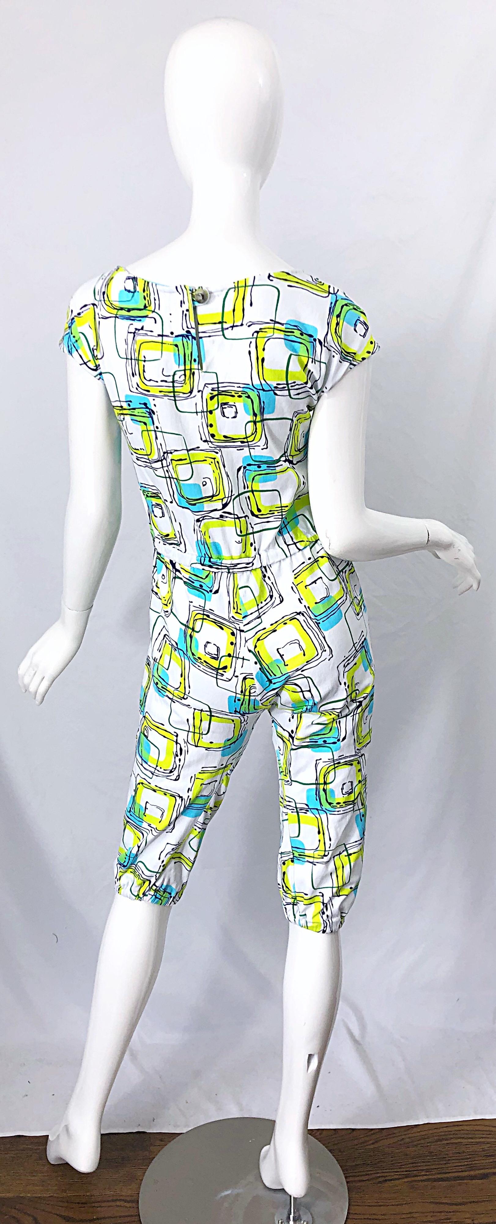 1980s Abstract Square Print Neon Blue + Green Cotton Vintage 80s Romper Jumpsuit For Sale 5