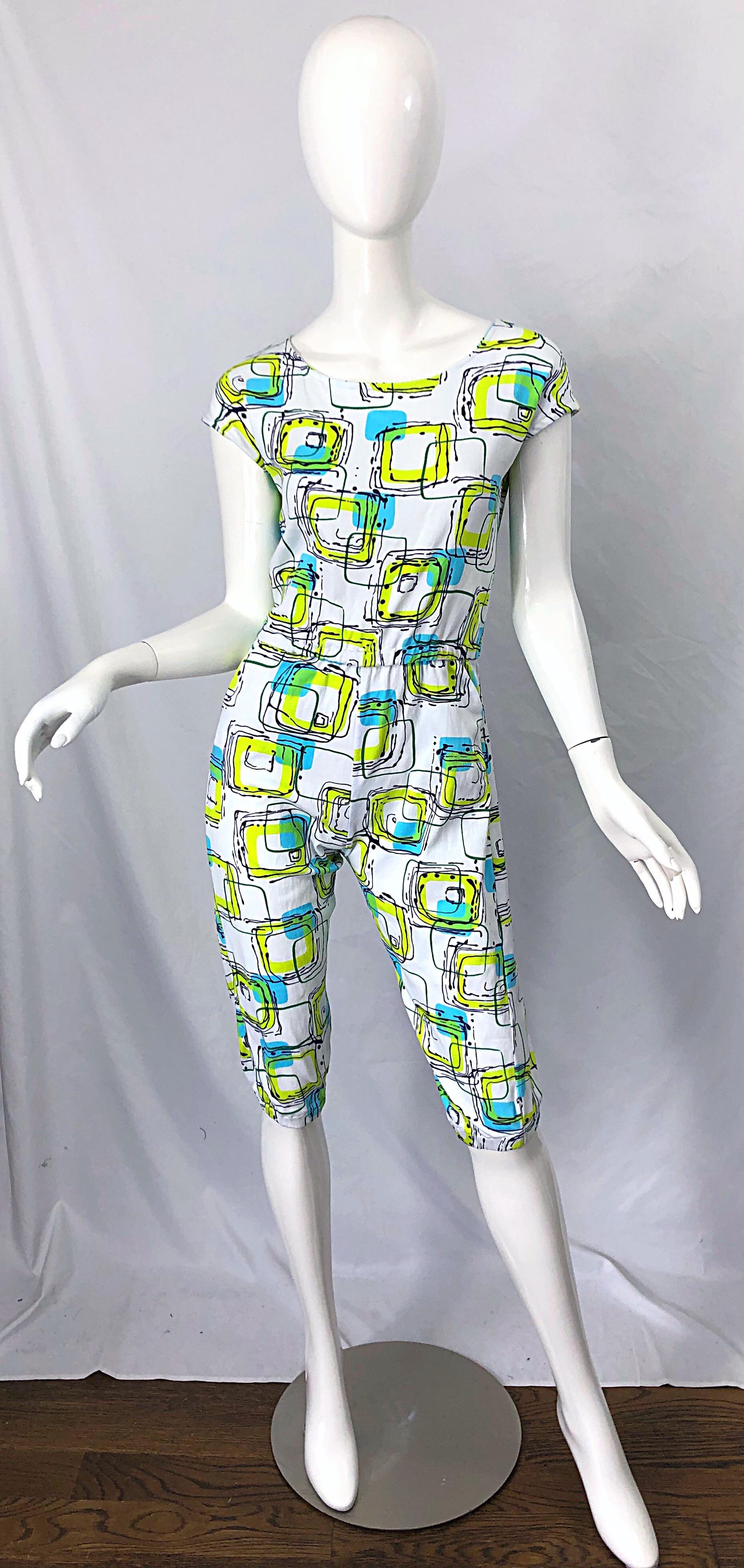 1980s Abstract Square Print Neon Blue + Green Cotton Vintage 80s Romper Jumpsuit For Sale 6