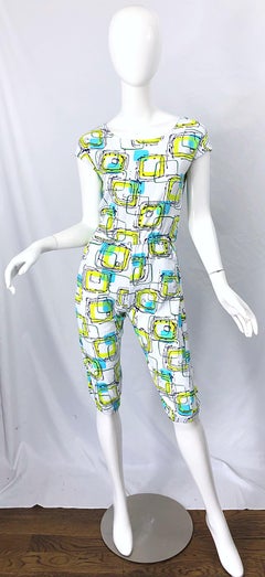 1980s Abstract Square Print Neon Blue + Green Cotton Vintage 80s Romper Jumpsuit