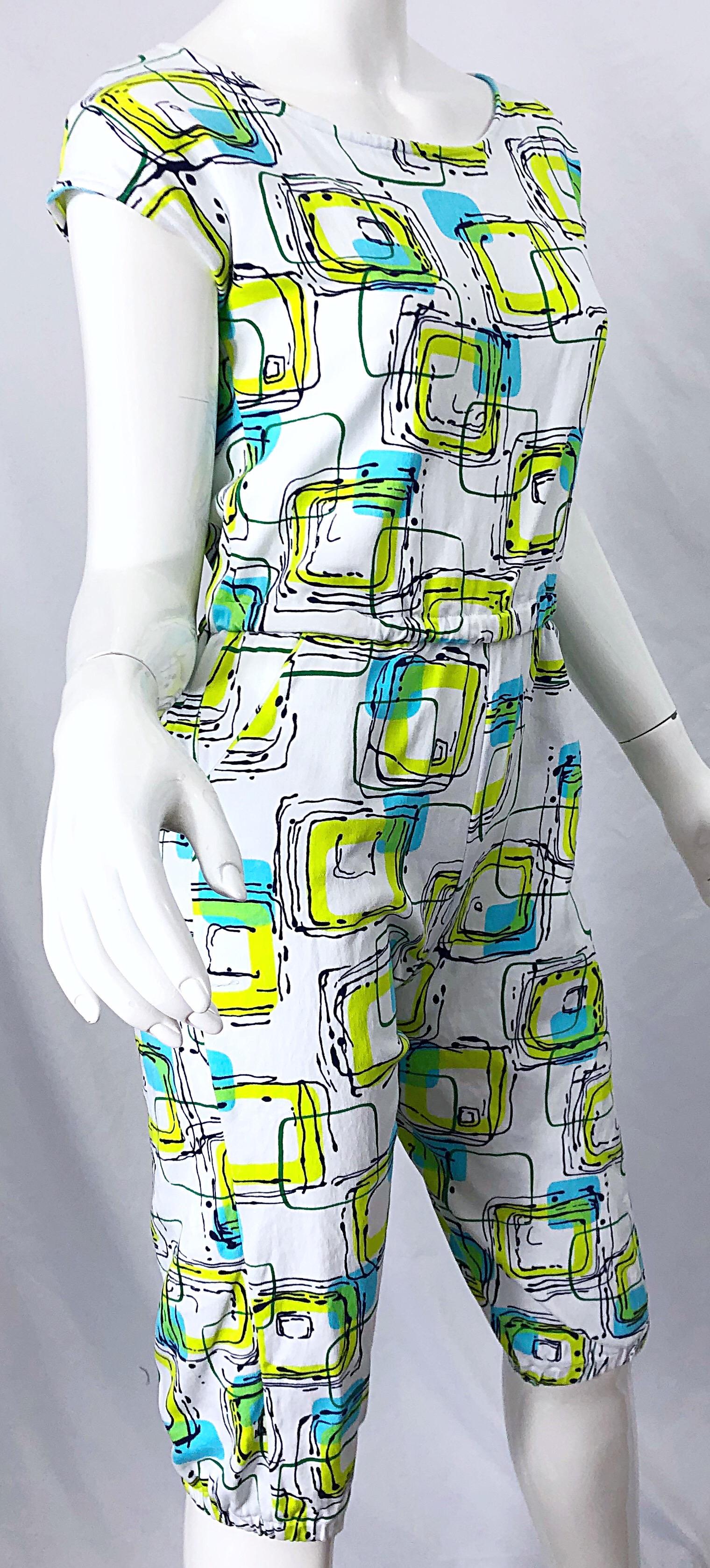 1980s Abstract Square Print Neon Blue + Green Cotton Vintage 80s Romper Jumpsuit In Excellent Condition For Sale In San Diego, CA