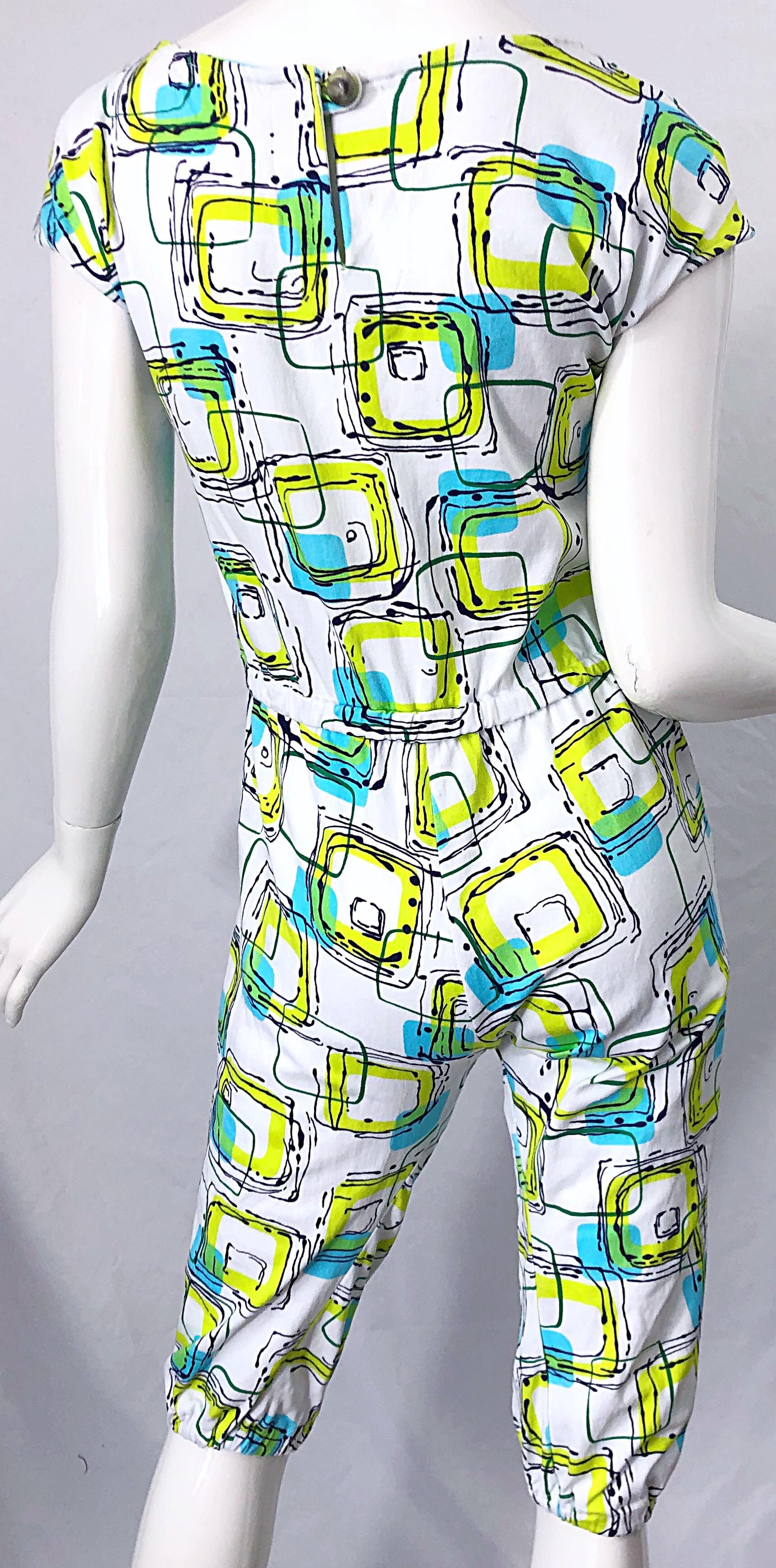 Women's 1980s Abstract Square Print Neon Blue + Green Cotton Vintage 80s Romper Jumpsuit For Sale
