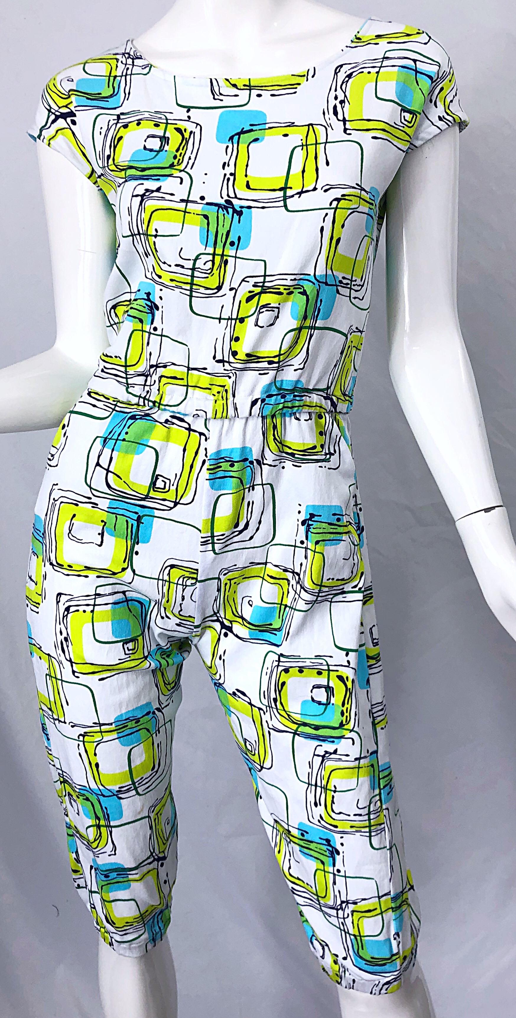 1980s Abstract Square Print Neon Blue + Green Cotton Vintage 80s Romper Jumpsuit For Sale 1