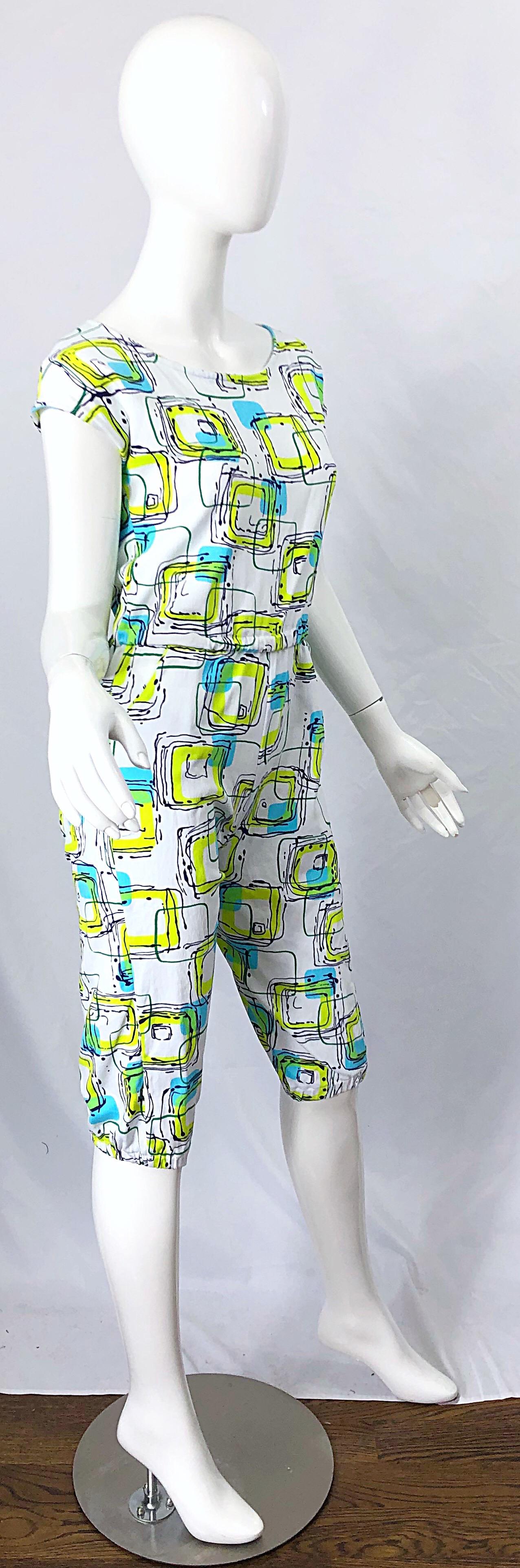 1980s Abstract Square Print Neon Blue + Green Cotton Vintage 80s Romper Jumpsuit For Sale 2