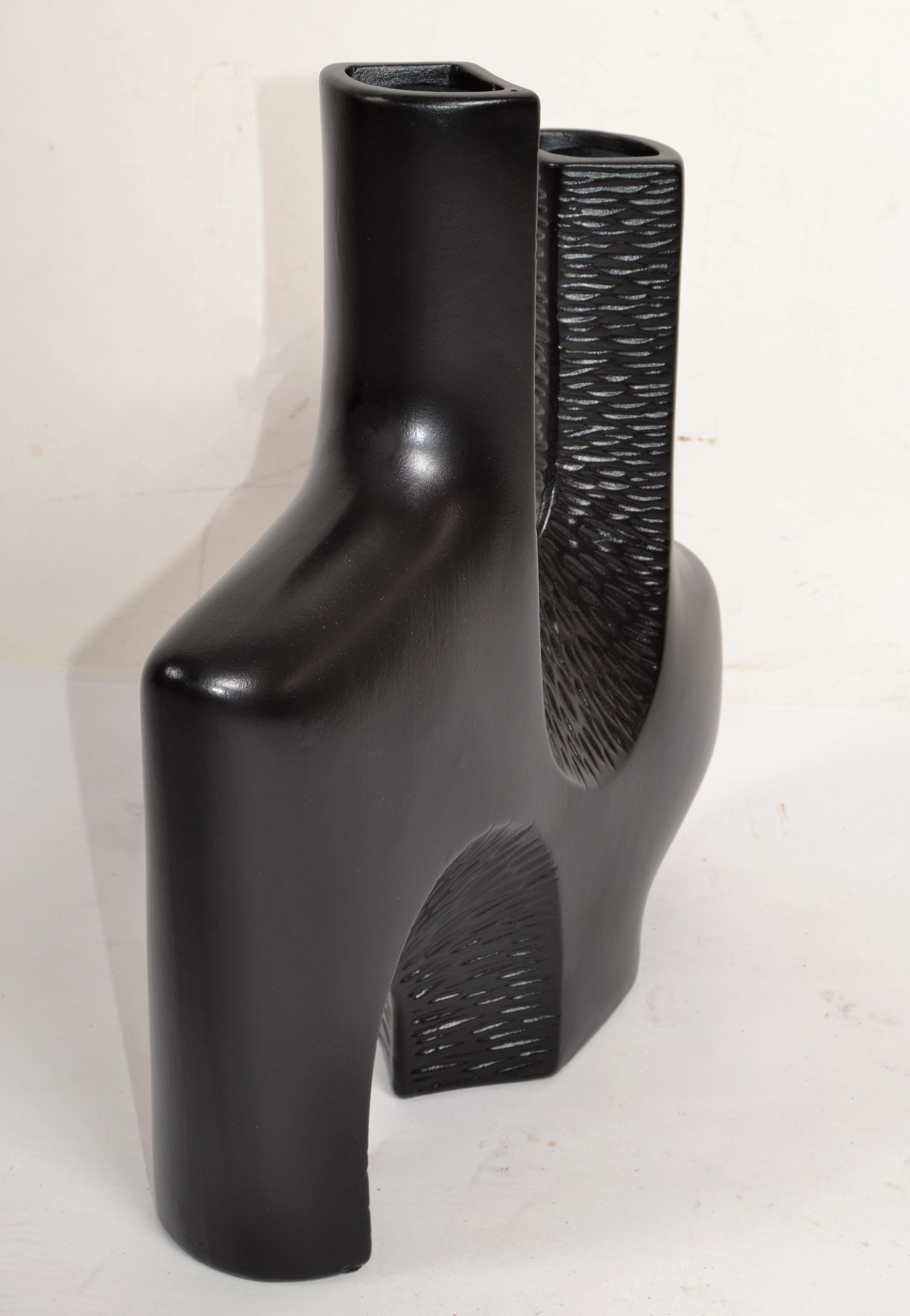 1980s Abstract Textured Two Neck Vase Vessel Black Finish Mid-Century Modern For Sale 3