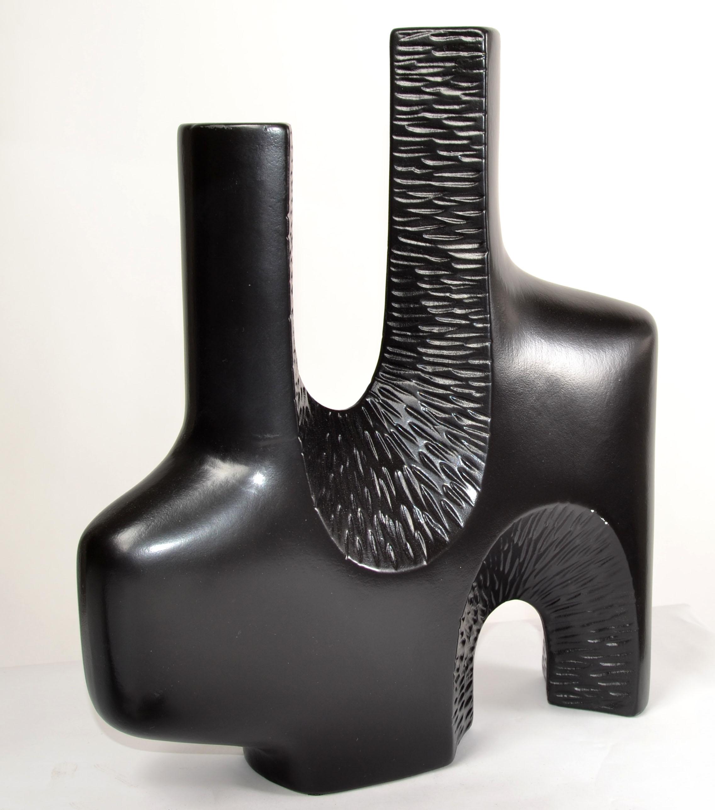 Organic Modern 1980s Abstract Textured Two Neck Vase Vessel Black Finish Mid-Century Modern For Sale