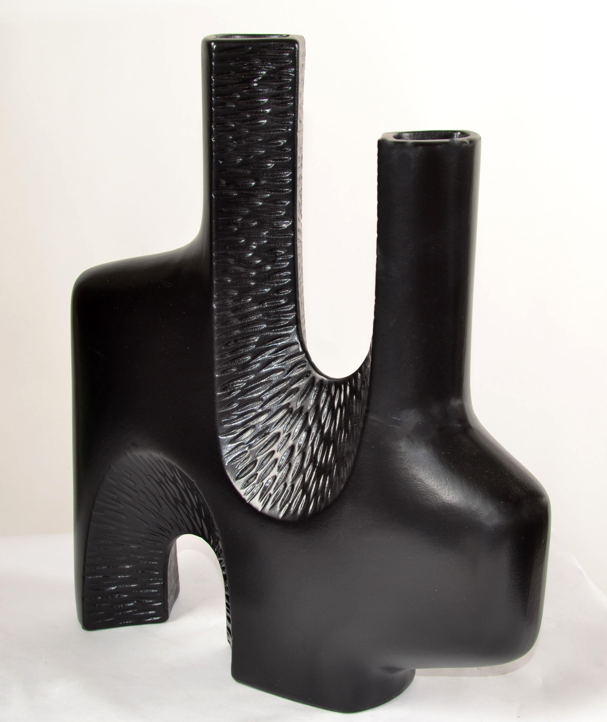 American 1980s Abstract Textured Two Neck Vase Vessel Black Finish Mid-Century Modern For Sale