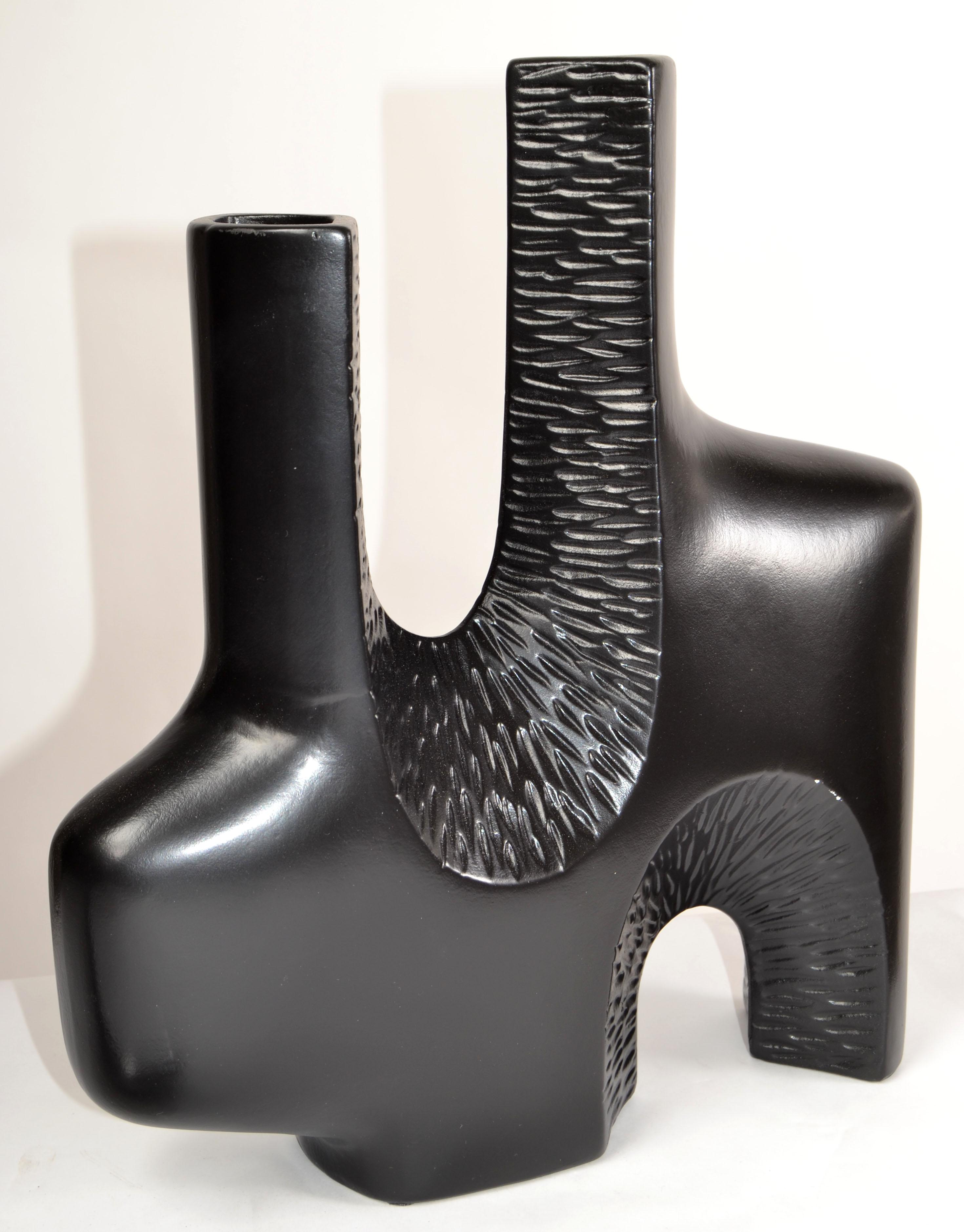 Hand-Crafted 1980s Abstract Textured Two Neck Vase Vessel Black Finish Mid-Century Modern For Sale