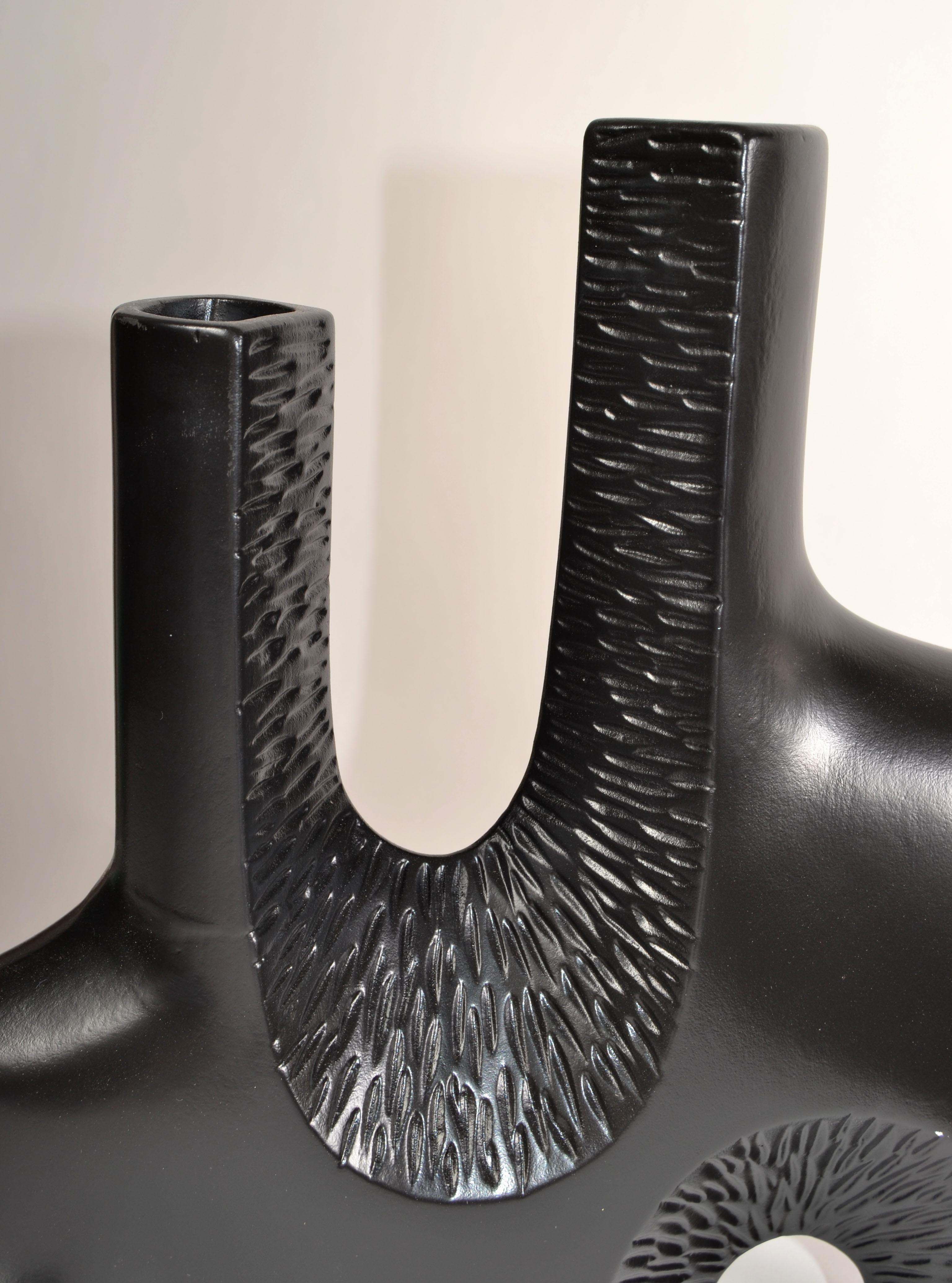 1980s Abstract Textured Two Neck Vase Vessel Black Finish Mid-Century Modern In Good Condition For Sale In Miami, FL