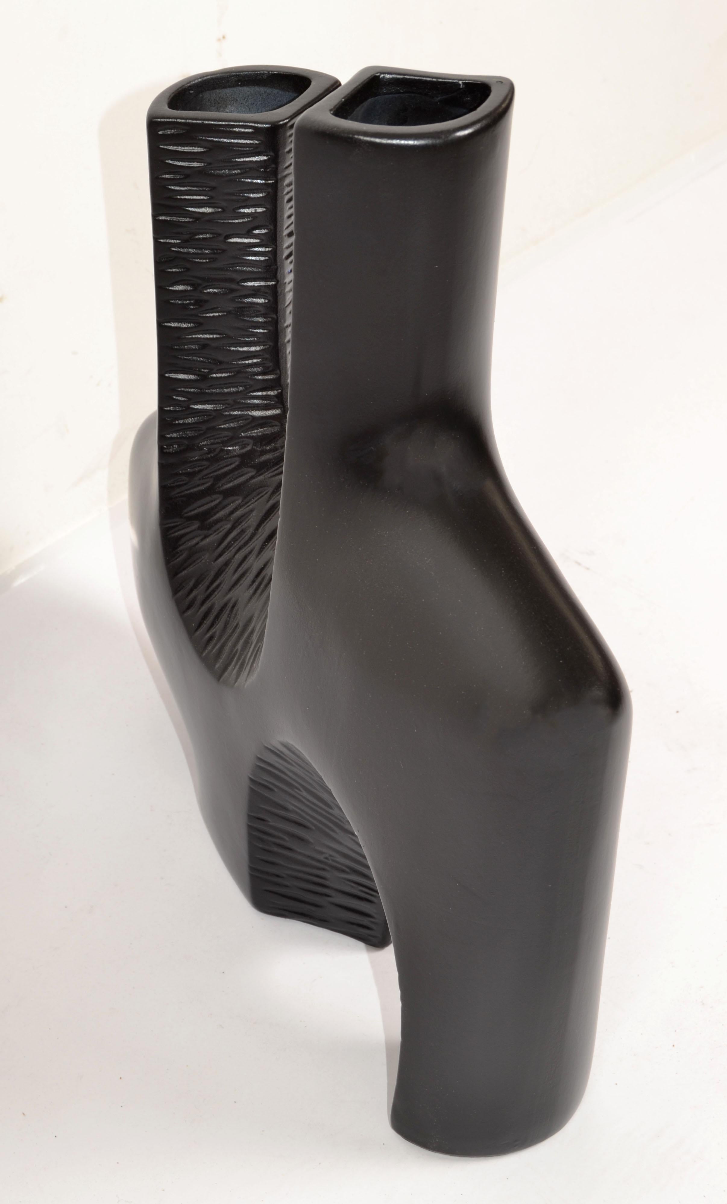 Ceramic 1980s Abstract Textured Two Neck Vase Vessel Black Finish Mid-Century Modern For Sale
