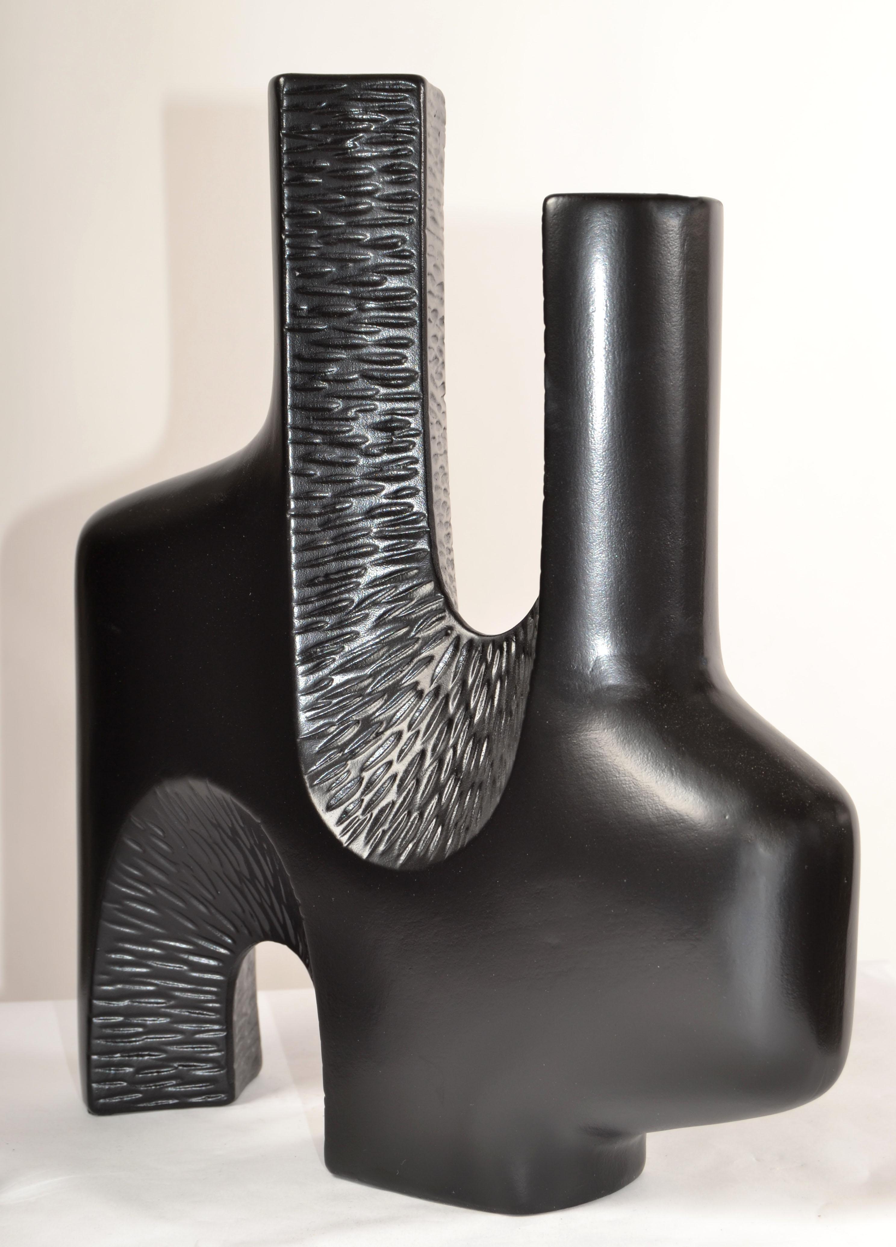 1980s Abstract Textured Two Neck Vase Vessel Black Finish Mid-Century Modern For Sale 1
