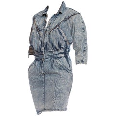 Vintage 1980S Acid Wash Blue Cotton Denim Distressed Rock & Roll Dress