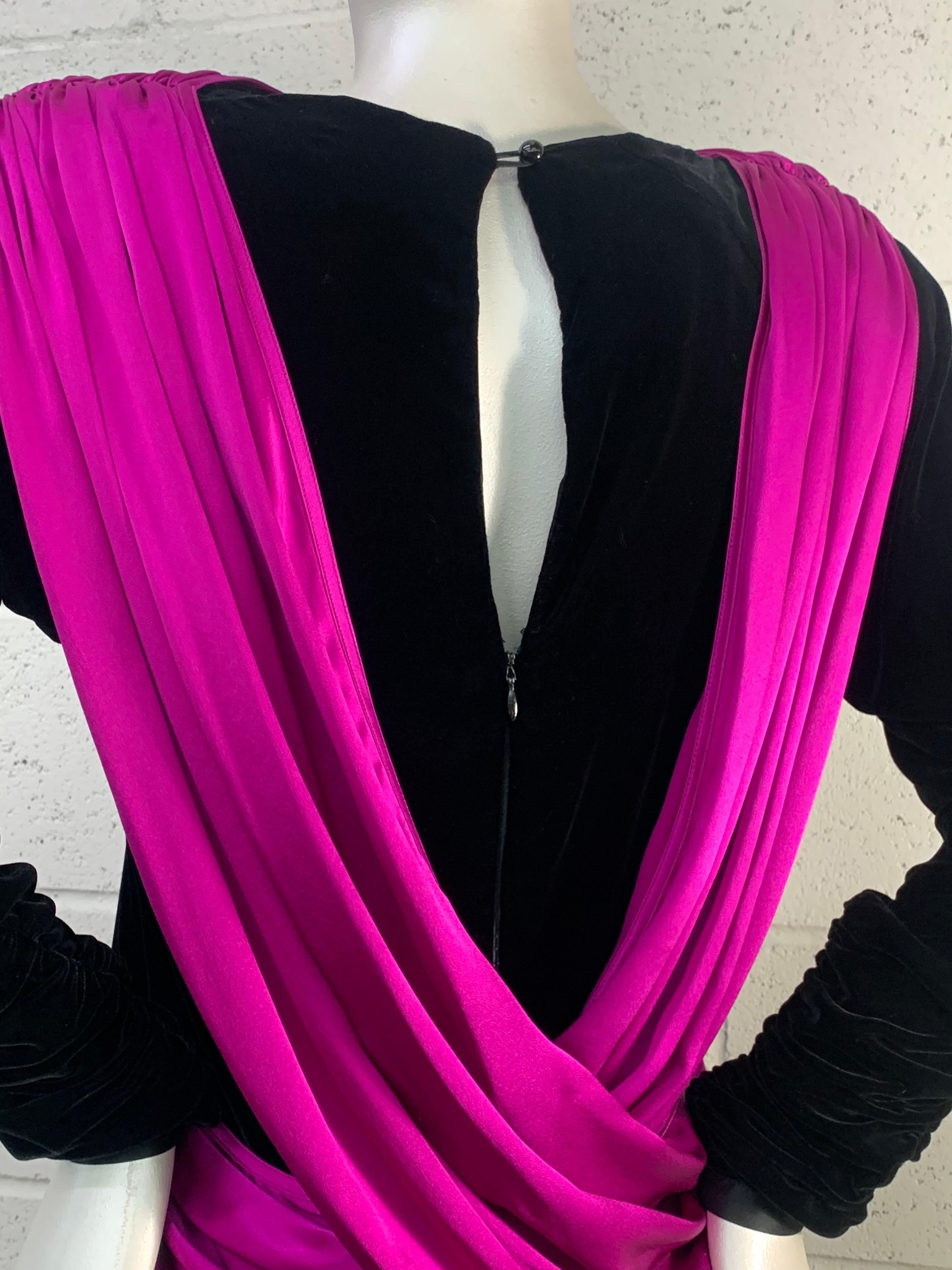 1980s Adam Beall Black Velvet 40s-Inspired Cocktail Dress w/ Fuchsia Draped Back For Sale 8