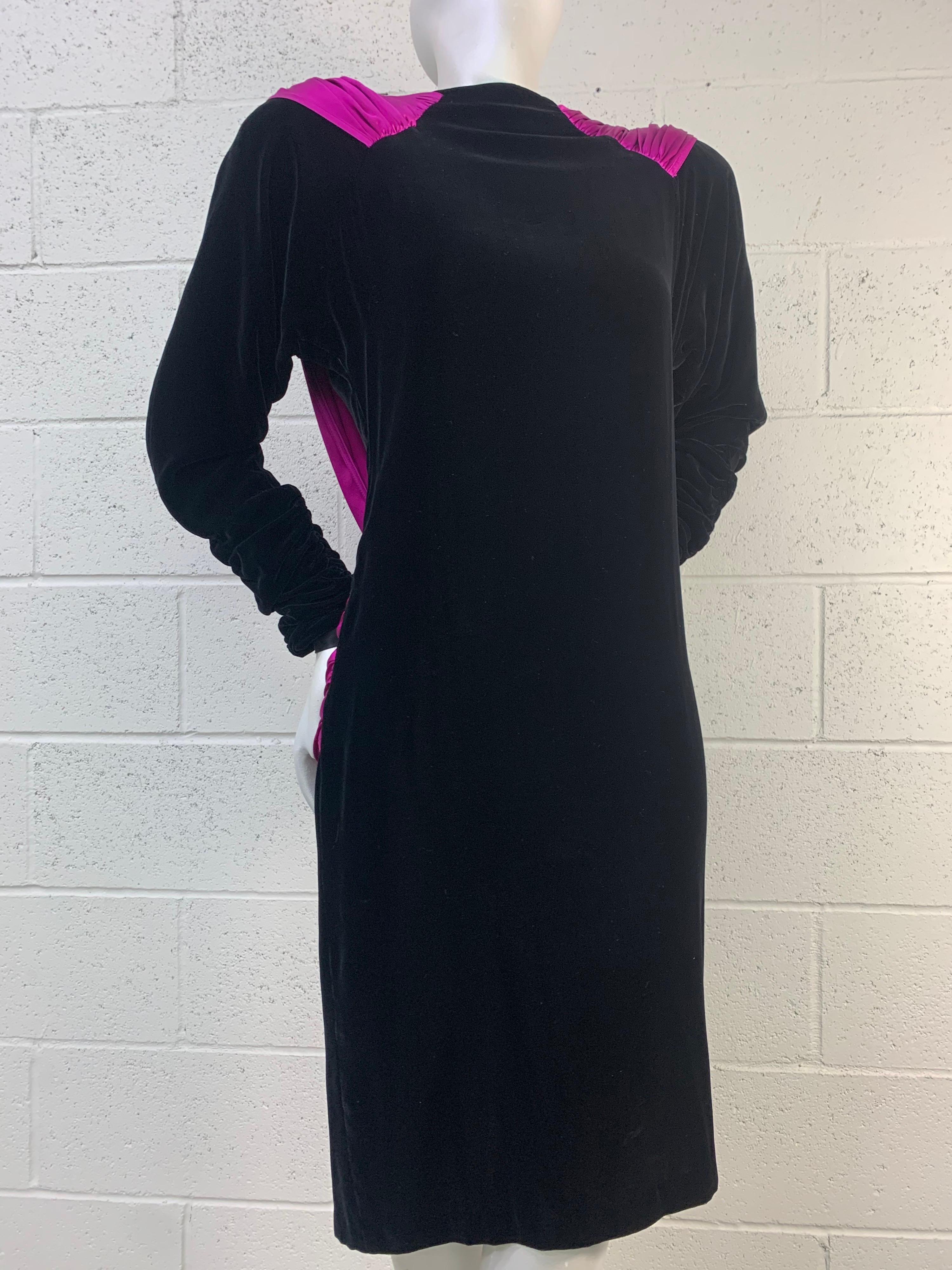 1980s Adam Beall Black Velvet 40s-Inspired Cocktail Dress w/ Fuchsia Draped Back For Sale 9