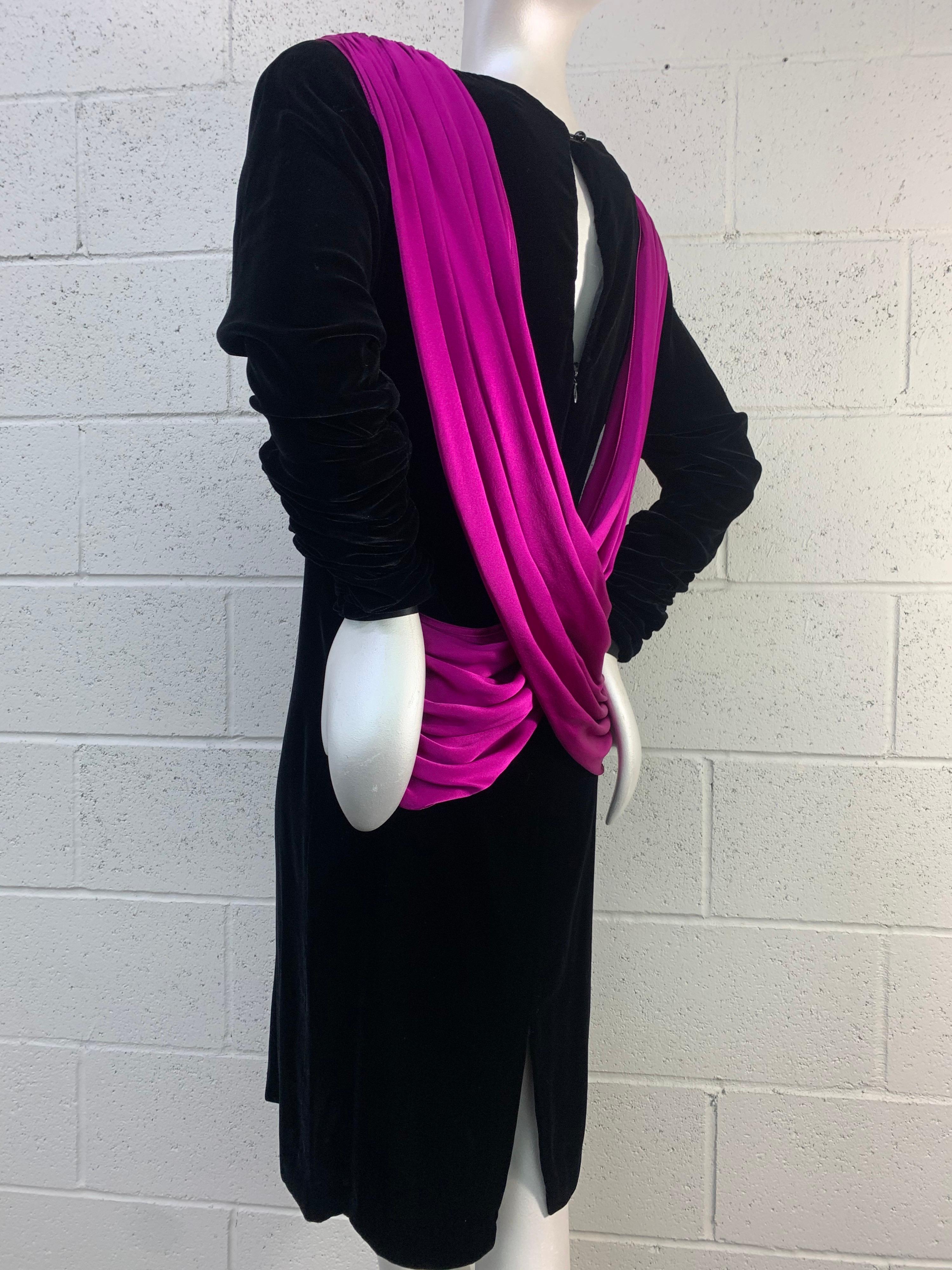 1980s Adam Beall Black Velvet 40s-Inspired Cocktail Dress w/ Fuchsia Draped Back For Sale 10