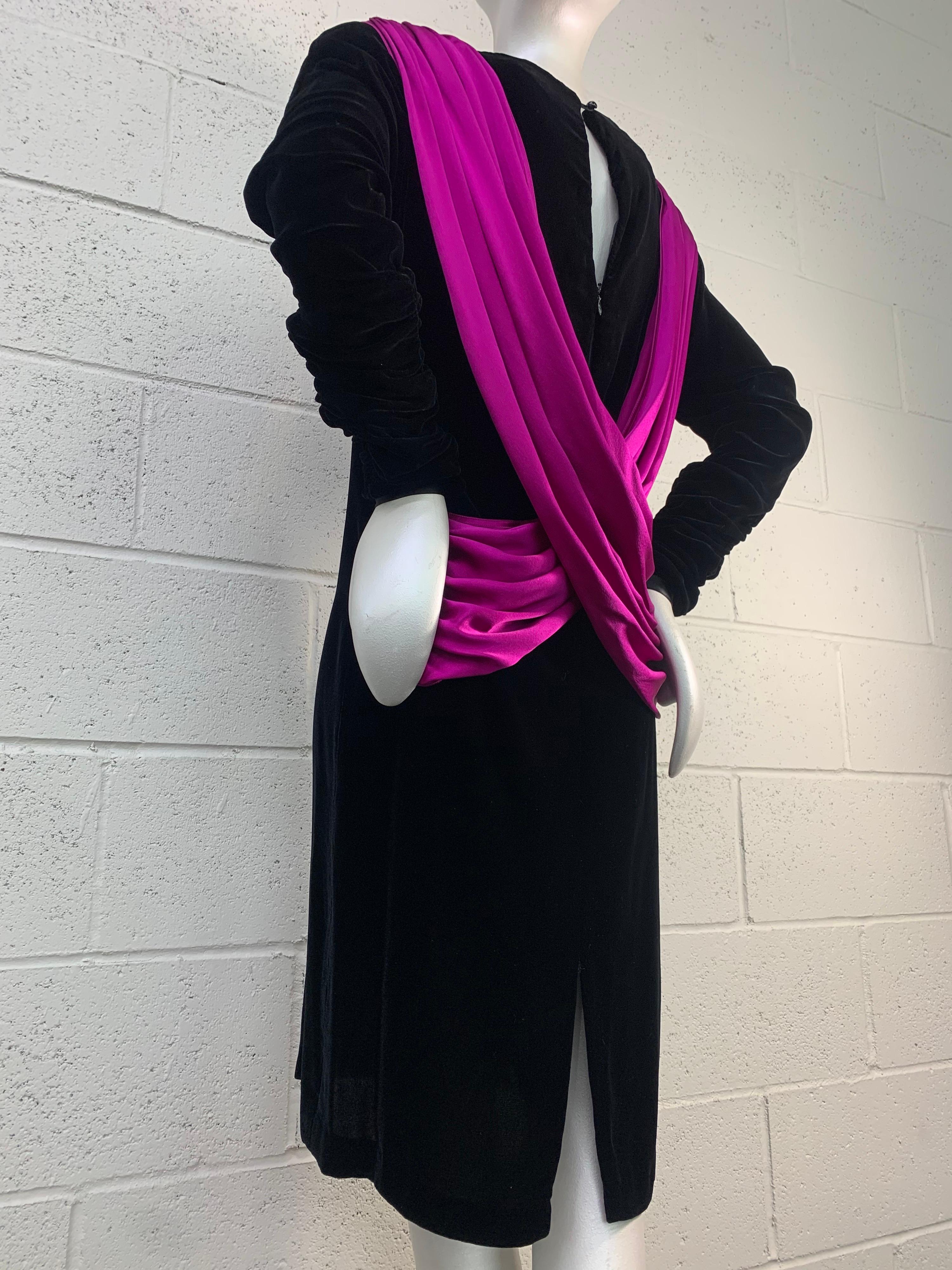Women's 1980s Adam Beall Black Velvet 40s-Inspired Cocktail Dress w/ Fuchsia Draped Back For Sale