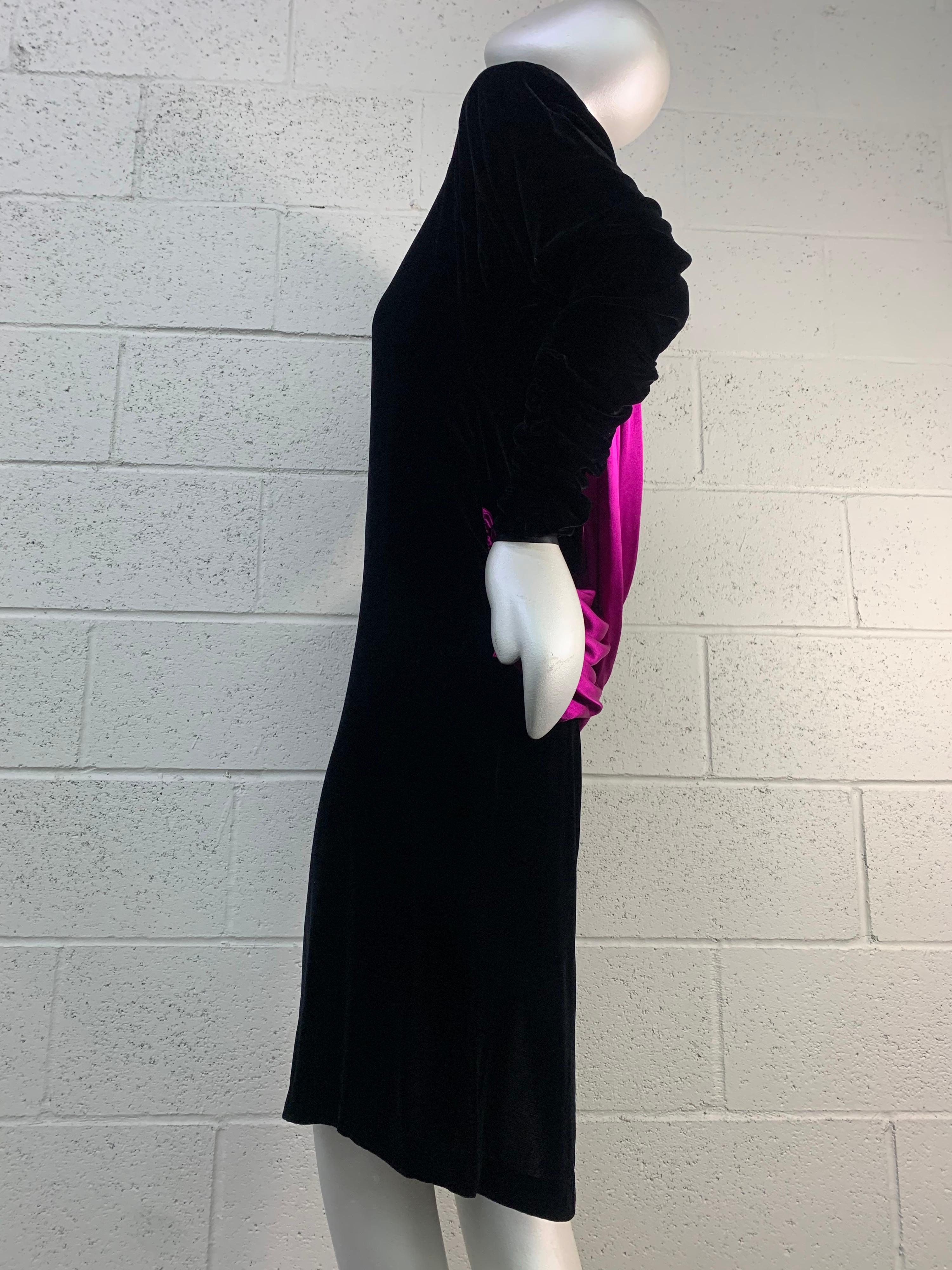 1980s Adam Beall Black Velvet 40s-Inspired Cocktail Dress w/ Fuchsia Draped Back For Sale 1