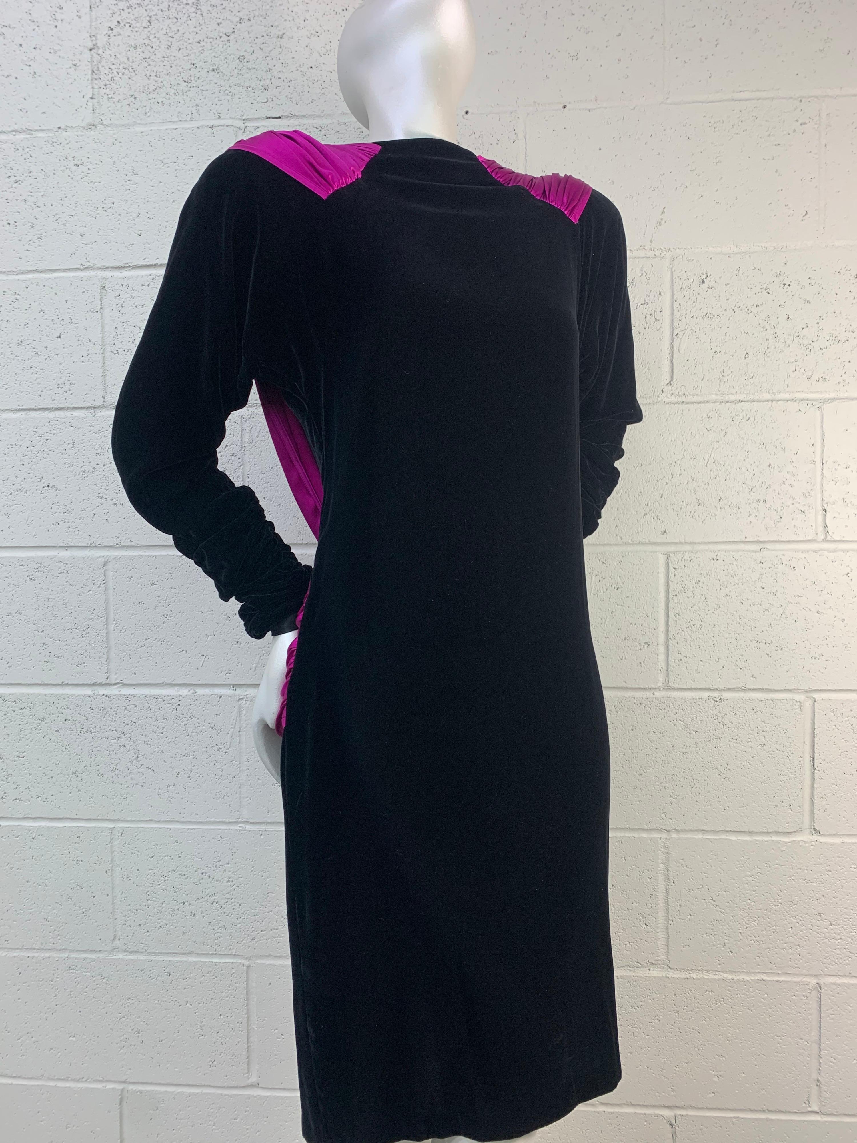 1980s Adam Beall Black Velvet 40s-Inspired Cocktail Dress w/ Fuchsia Draped Back For Sale 2