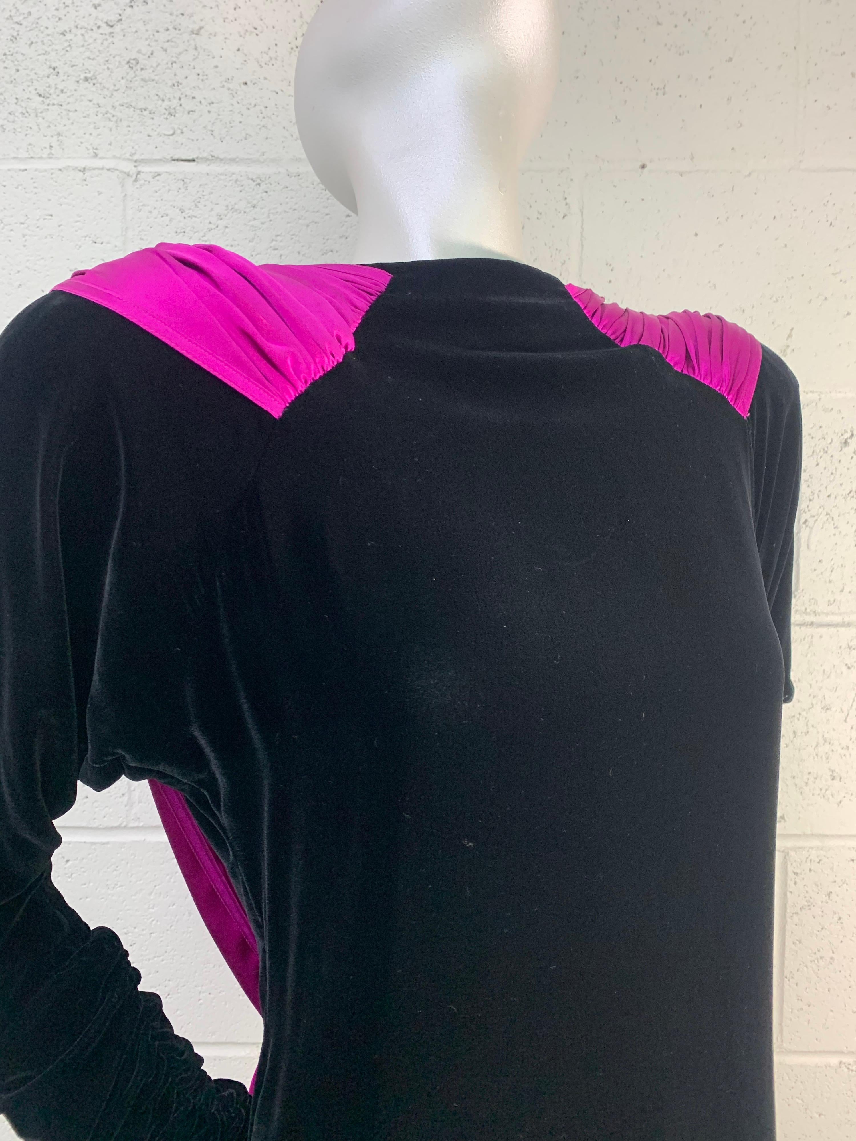 1980s Adam Beall Black Velvet 40s-Inspired Cocktail Dress w/ Fuchsia Draped Back For Sale 3
