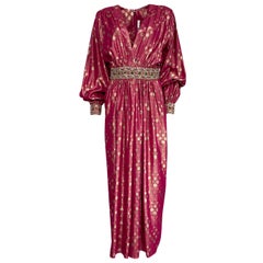 1980s Adele Simpson Pink & Gold Metallic Lame Beaded Dress w Beading